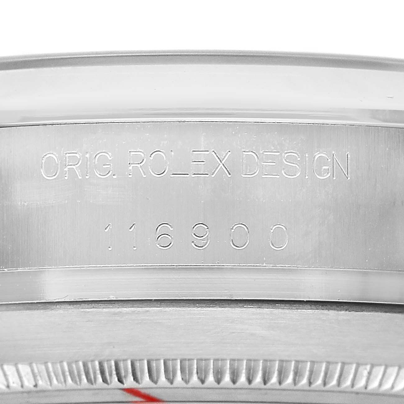 The image shows a close-up of the side of a Rolex Air-King 116900 Men's Stainless Steel Black Dial watch, displaying the model number and engraving.