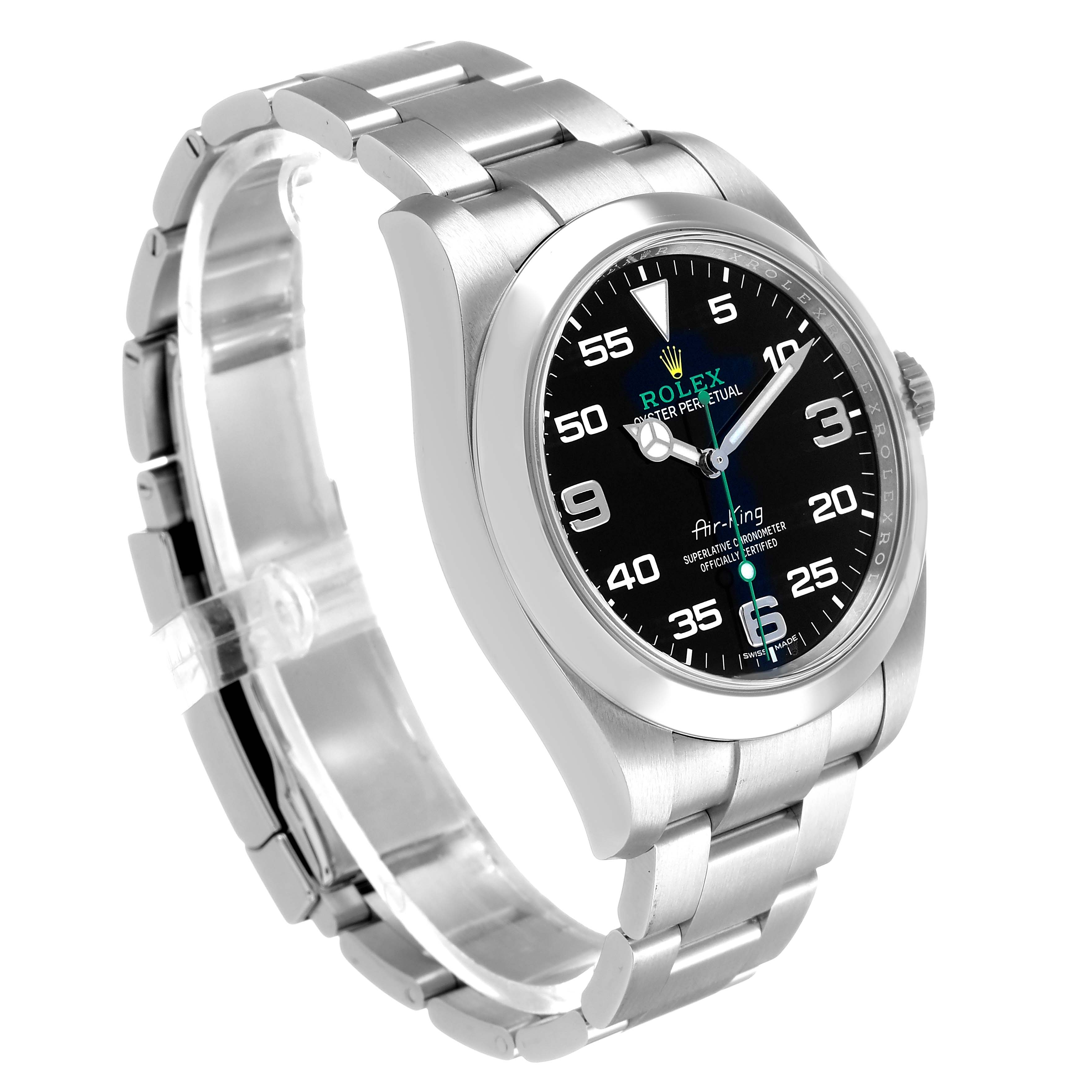 The Rolex Air-King 116900 Men's Stainless Steel Black Dial watch is shown at a three-quarter angle, highlighting the dial, case, and bracelet.