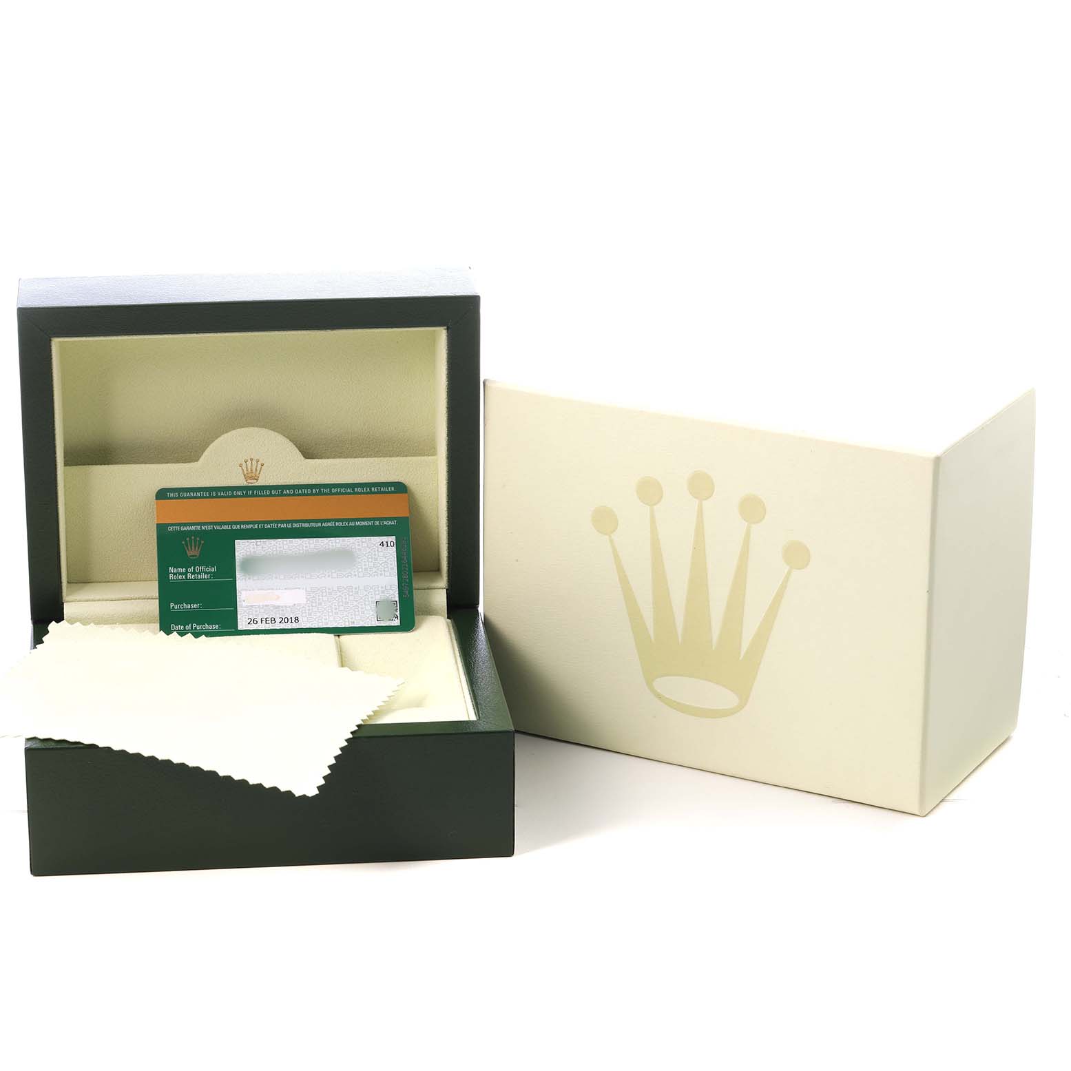 The image shows the box and warranty card for the Rolex Air-King 116900 Men's Stainless Steel Black Dial, without the watch.