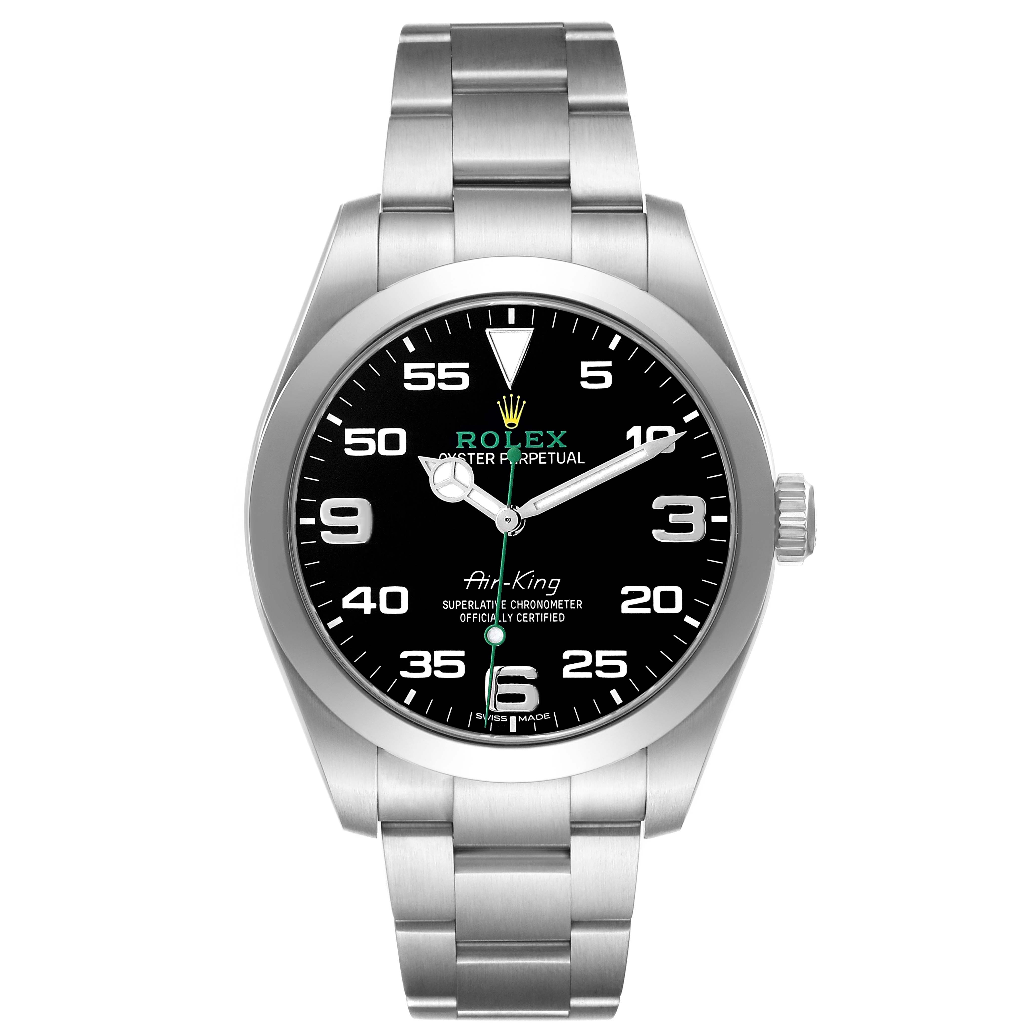 The Rolex Air-King 116900 Men's Stainless Steel Black Dial watch is shown from a top-down angle, displaying the face, bezel, case, and bracelet.
