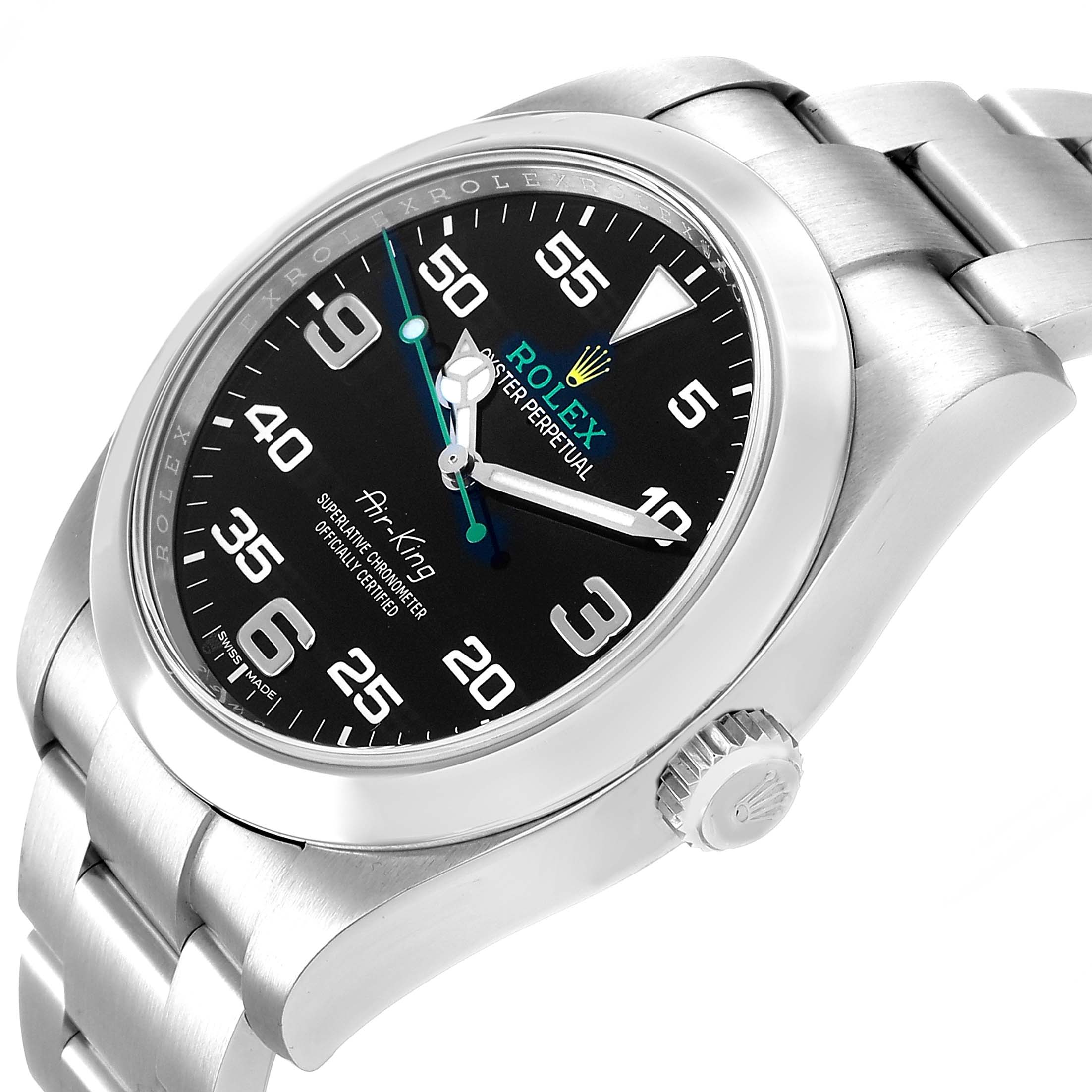 The image shows the Rolex Air-King 116900 Men's Stainless Steel Black Dial watch at a slight side angle, highlighting the dial, bezel, and bracelet.