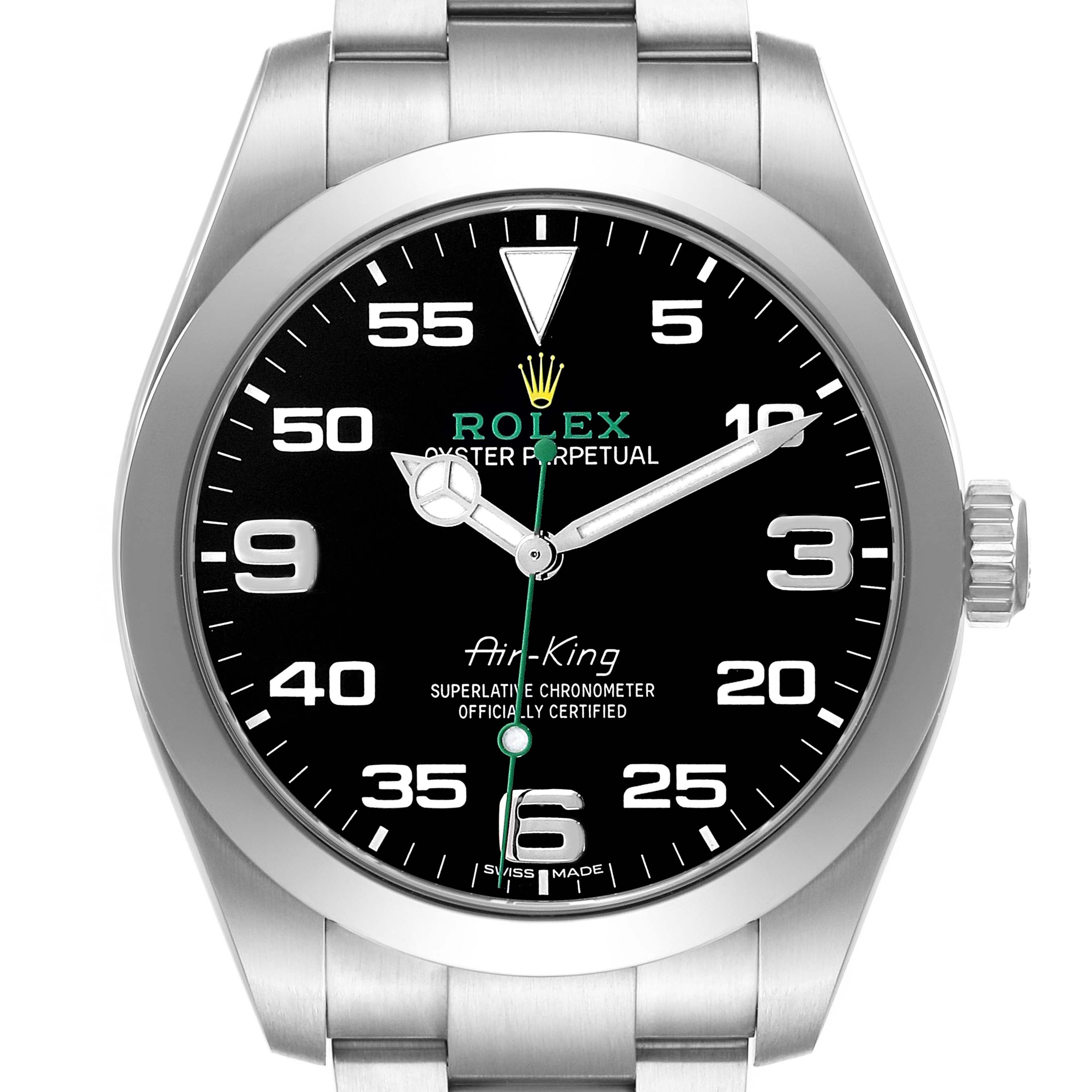 The Rolex Air-King 116900 Men's Stainless Steel Black Dial watch is shown from a front angle, displaying the full face, bezel, and part of the bracelet.