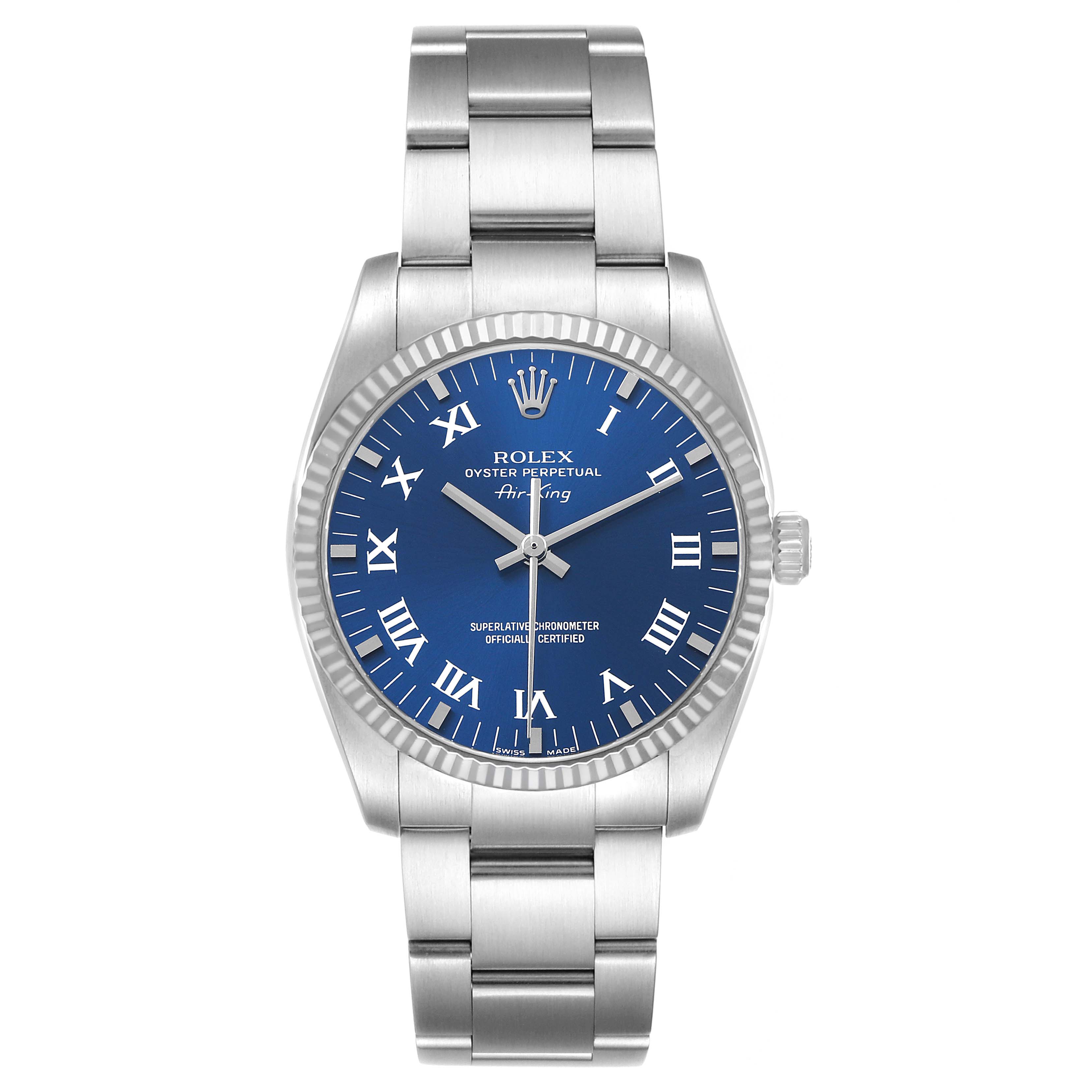 The Rolex Air-King 114234 Men's Stainless Steel Blue Dial watch is shown from a top-down angle, displaying the blue dial, Roman numerals, bezel, bracelet, and crown.
