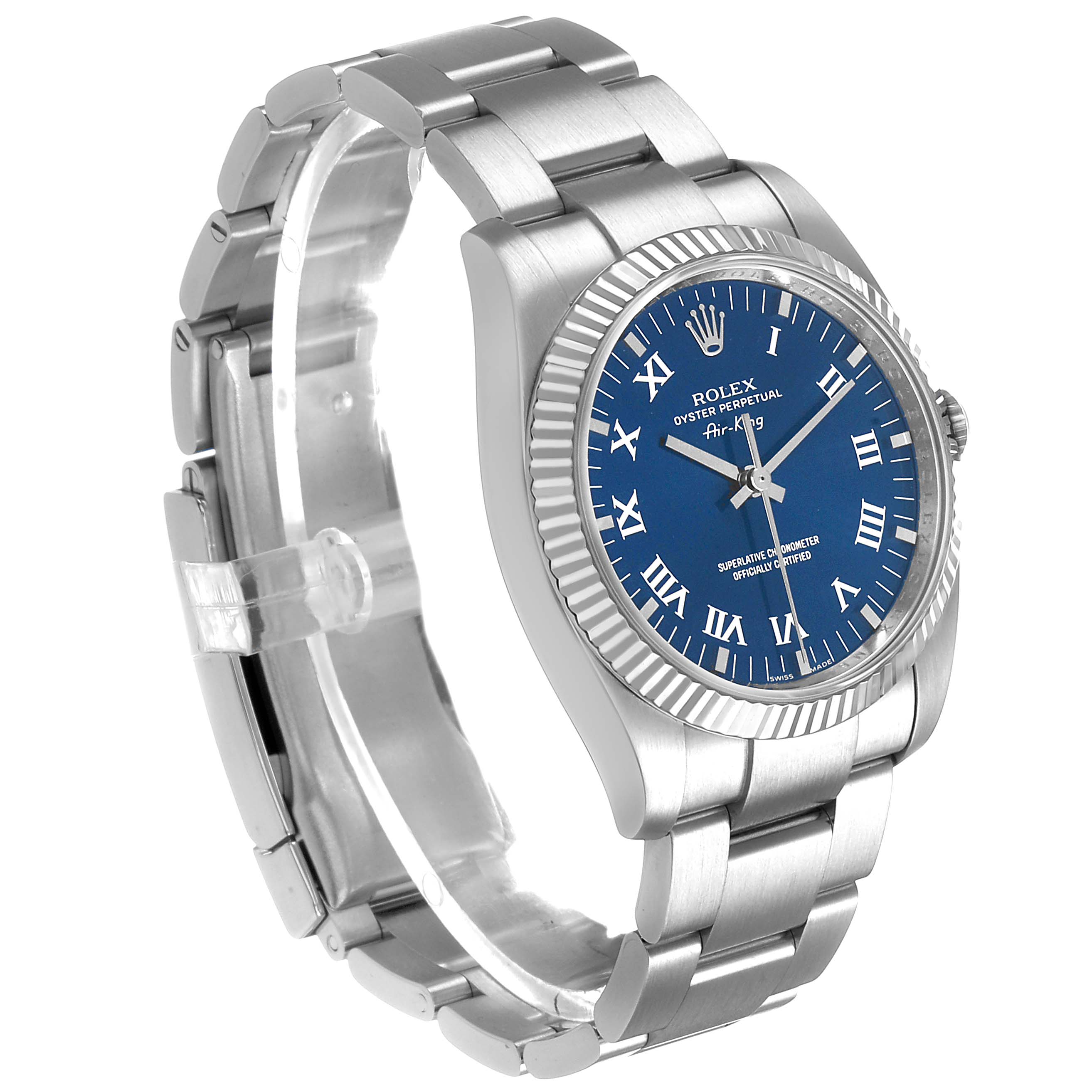 The Rolex Air-King 114234 Men's Stainless Steel Blue Dial watch is shown at a slight angle, highlighting its blue dial, fluted bezel, and stainless steel bracelet.