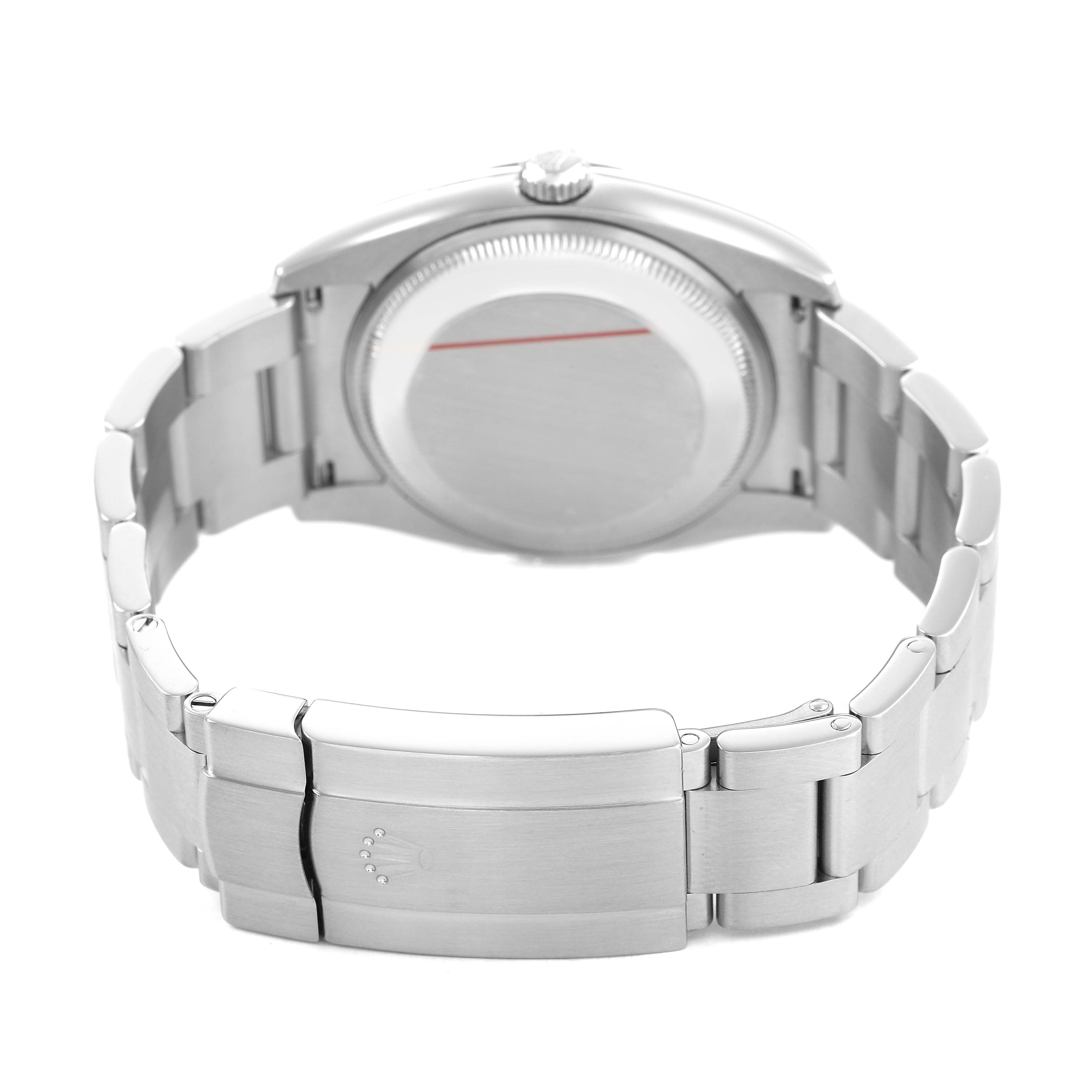 The image shows the back and clasp of a Rolex Air-King 114234 Men's Stainless Steel Blue Dial watch from a rear angle.
