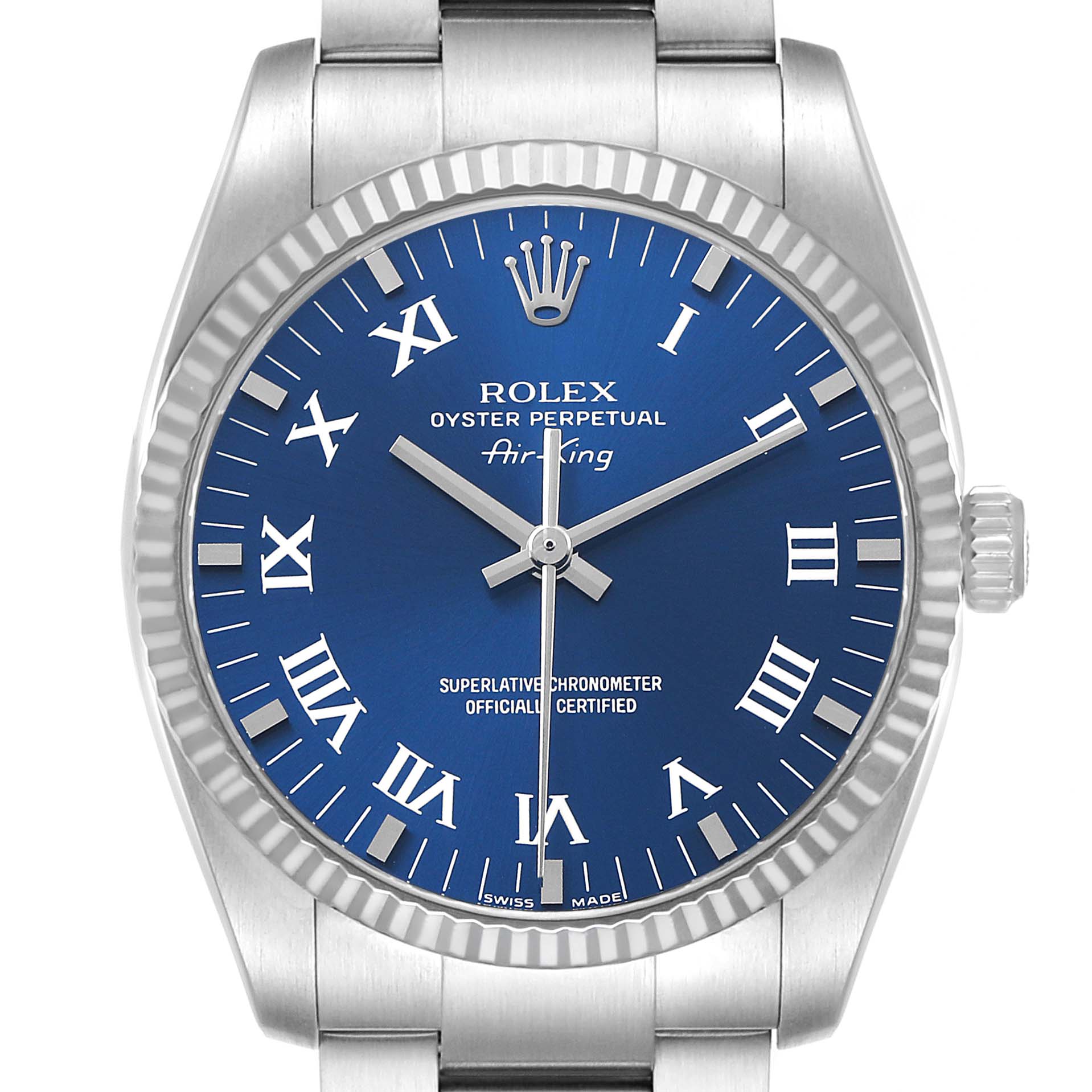 The Rolex Air-King 114234 Men's Stainless Steel Blue Dial watch is shown from the front, displaying the blue dial, Roman numerals, hands, crown, bezel, and part of the bracelet.
