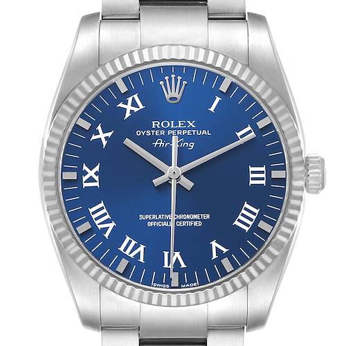 The image shows the Rolex Air-King 114234 Men's Stainless Steel Blue Dial watch from a front angle, highlighting its blue dial, Roman numerals, bezel, and bracelet.