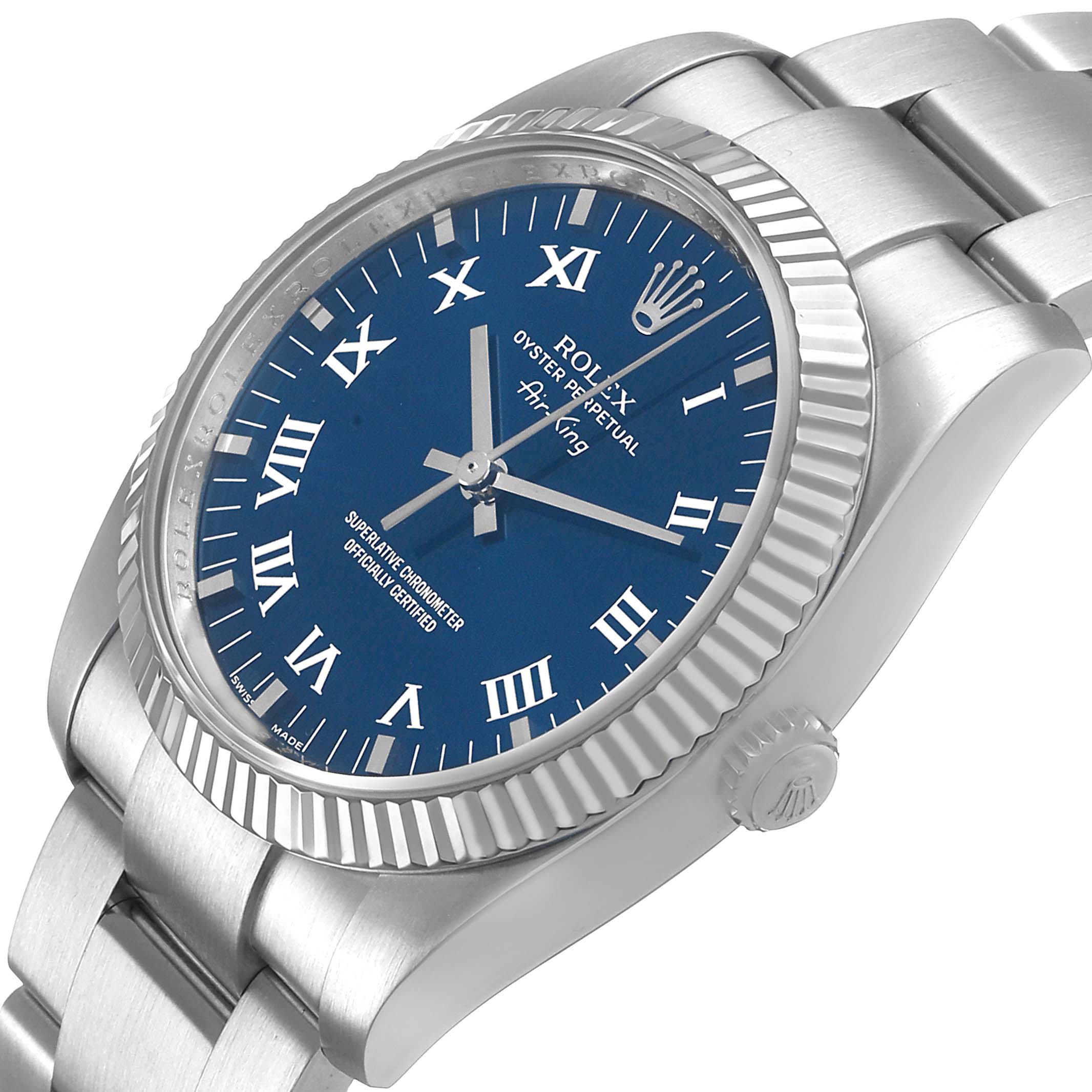 This image shows the Rolex Air-King 114234 Men's Stainless Steel Blue Dial watch at a three-quarter angle, highlighting the dial, fluted bezel, and bracelet.