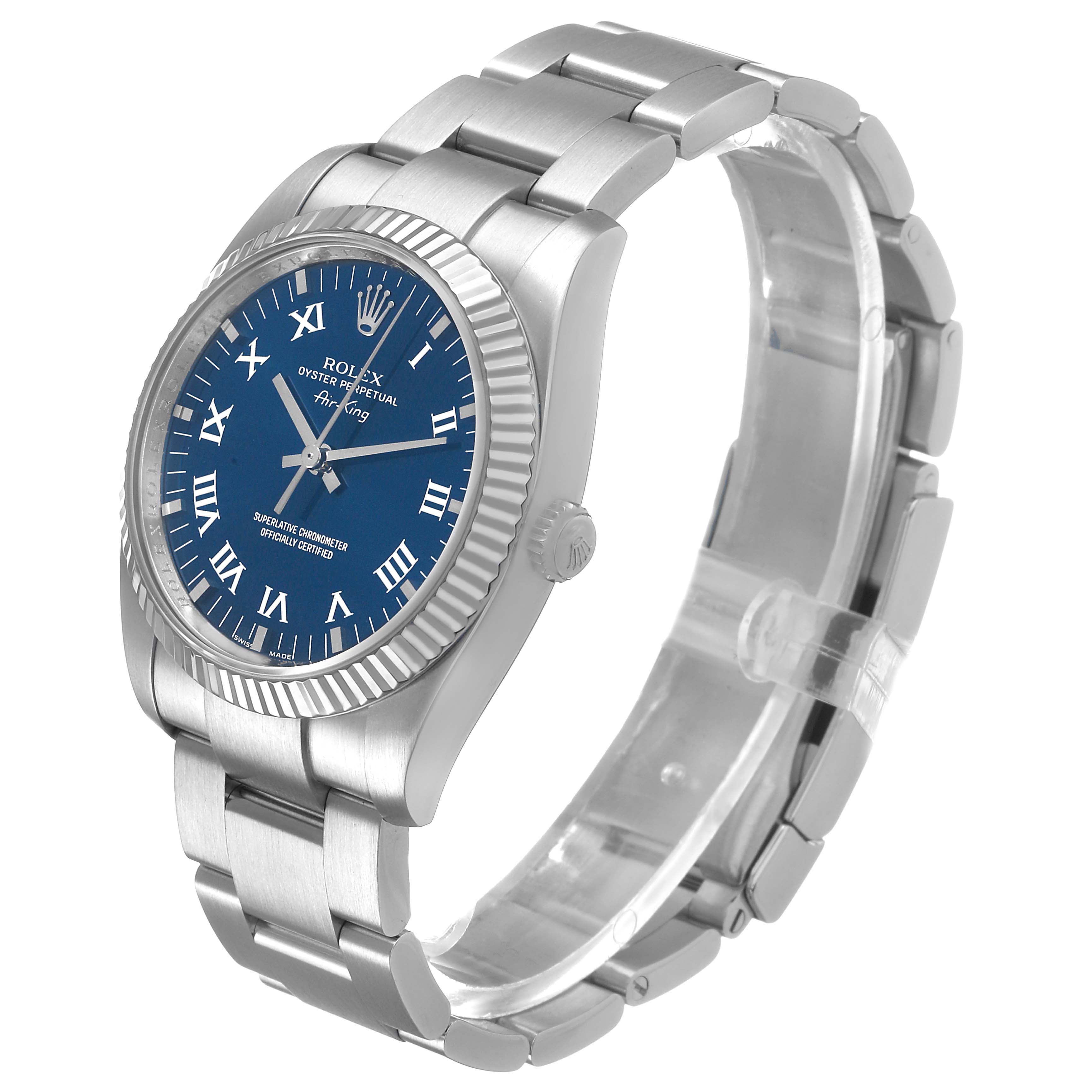 The Rolex Air-King 114234 Men's Stainless Steel Blue Dial watch is shown at a slight angle, displaying the face, bezel, and part of the bracelet.
