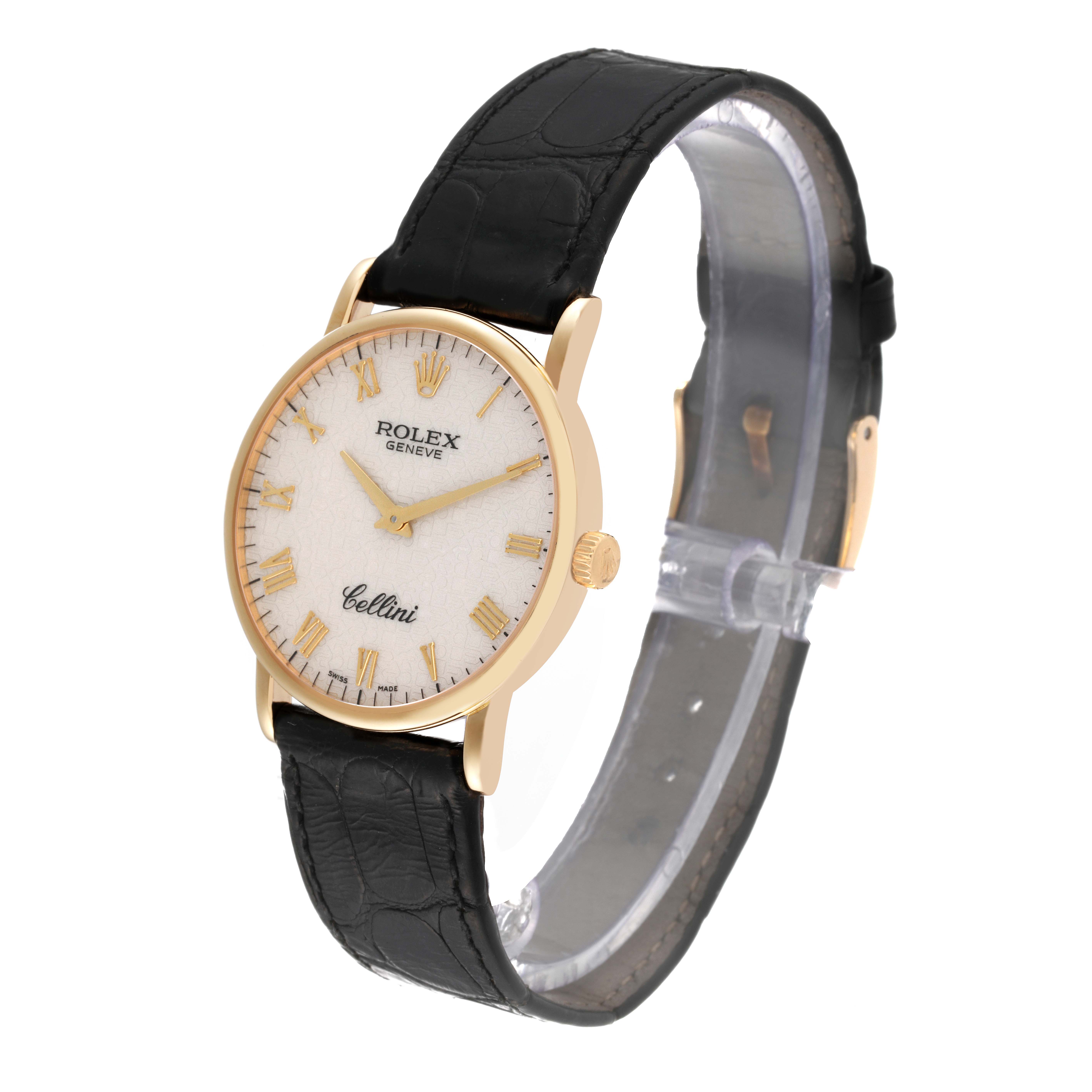 The image shows a Rolex Cellini 5115 Men's Yellow Gold Beige Dial 5115 Men's Yellow Gold Beige Dial watch at a three-quarter angle, highlighting its face, strap, and crown.