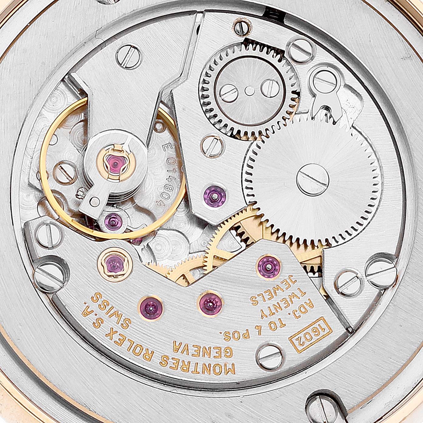 The image shows a close-up, top-down view of the internal movement mechanism of a Rolex Cellini 5115 Men's Yellow Gold Beige Dial 5115 Men's Yellow Gold Beige Dial watch.