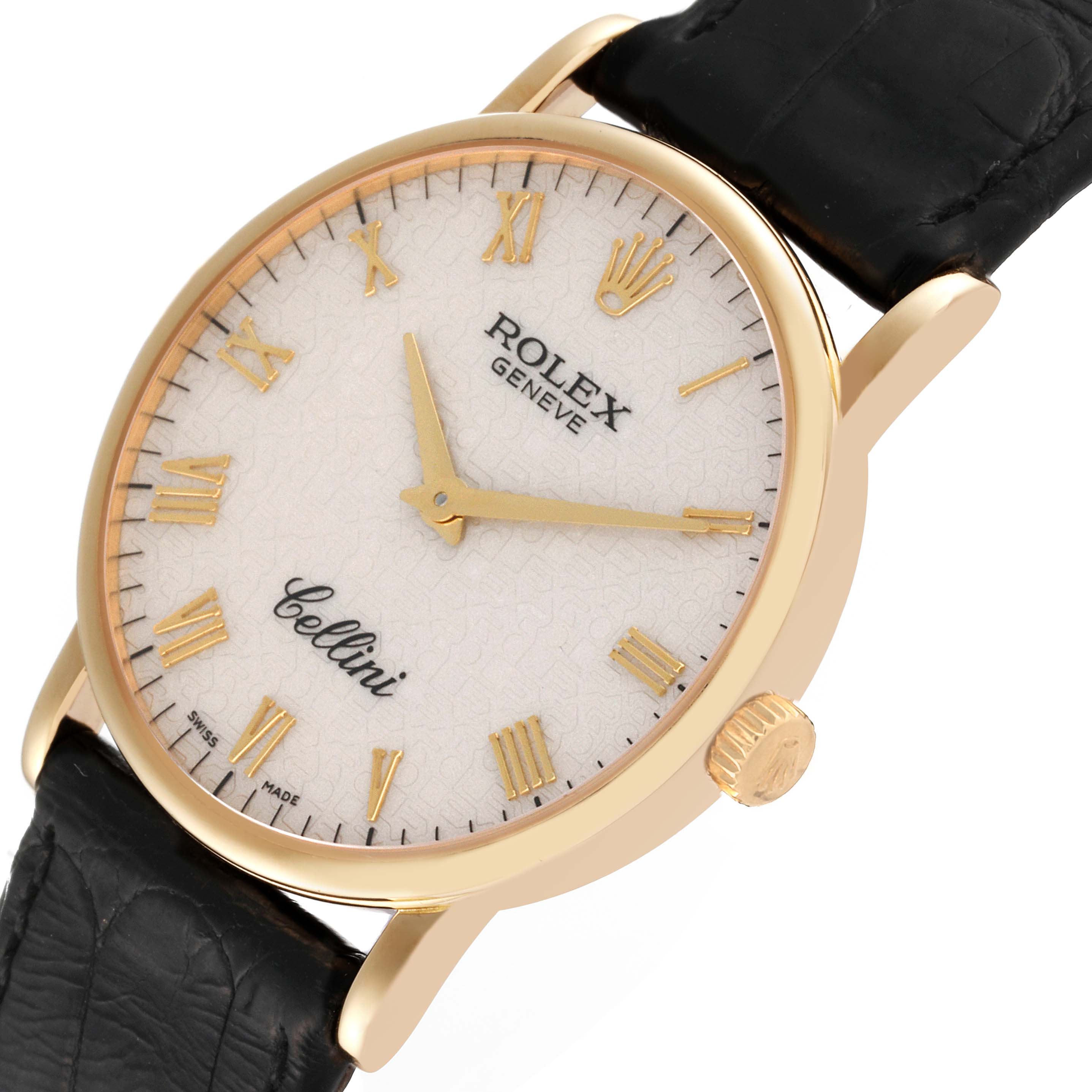 The image shows a Rolex Cellini 5115 Men's Yellow Gold Beige Dial 5115 Men's Yellow Gold Beige Dial watch angled from the front-left, highlighting the dial, hands, Roman numerals, and part of the leather strap.