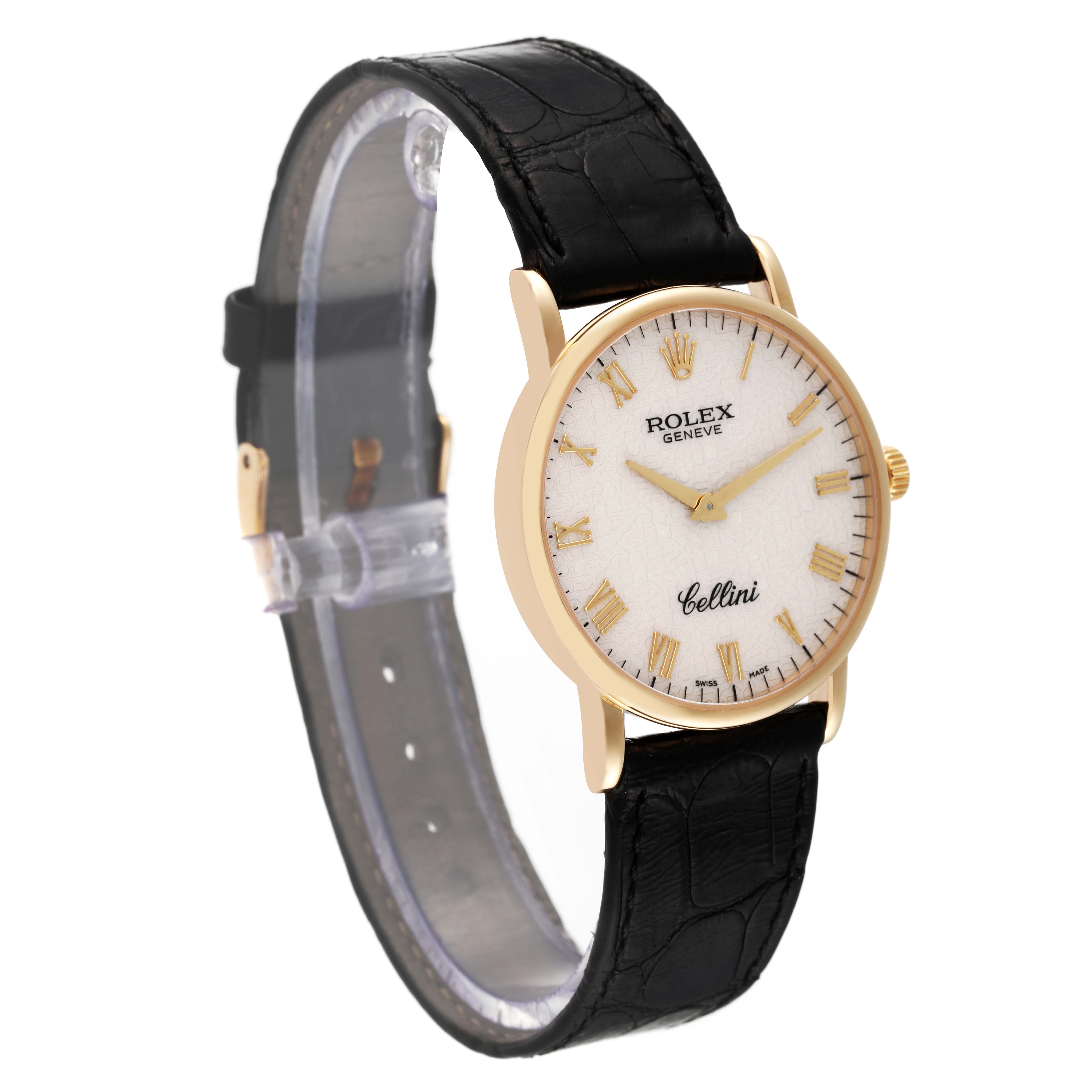 The Rolex Cellini 5115 Men's Yellow Gold Beige Dial 5115 Men's Yellow Gold Beige Dial watch is shown at a three-quarter angle, displaying the dial, case, crown, and leather strap.