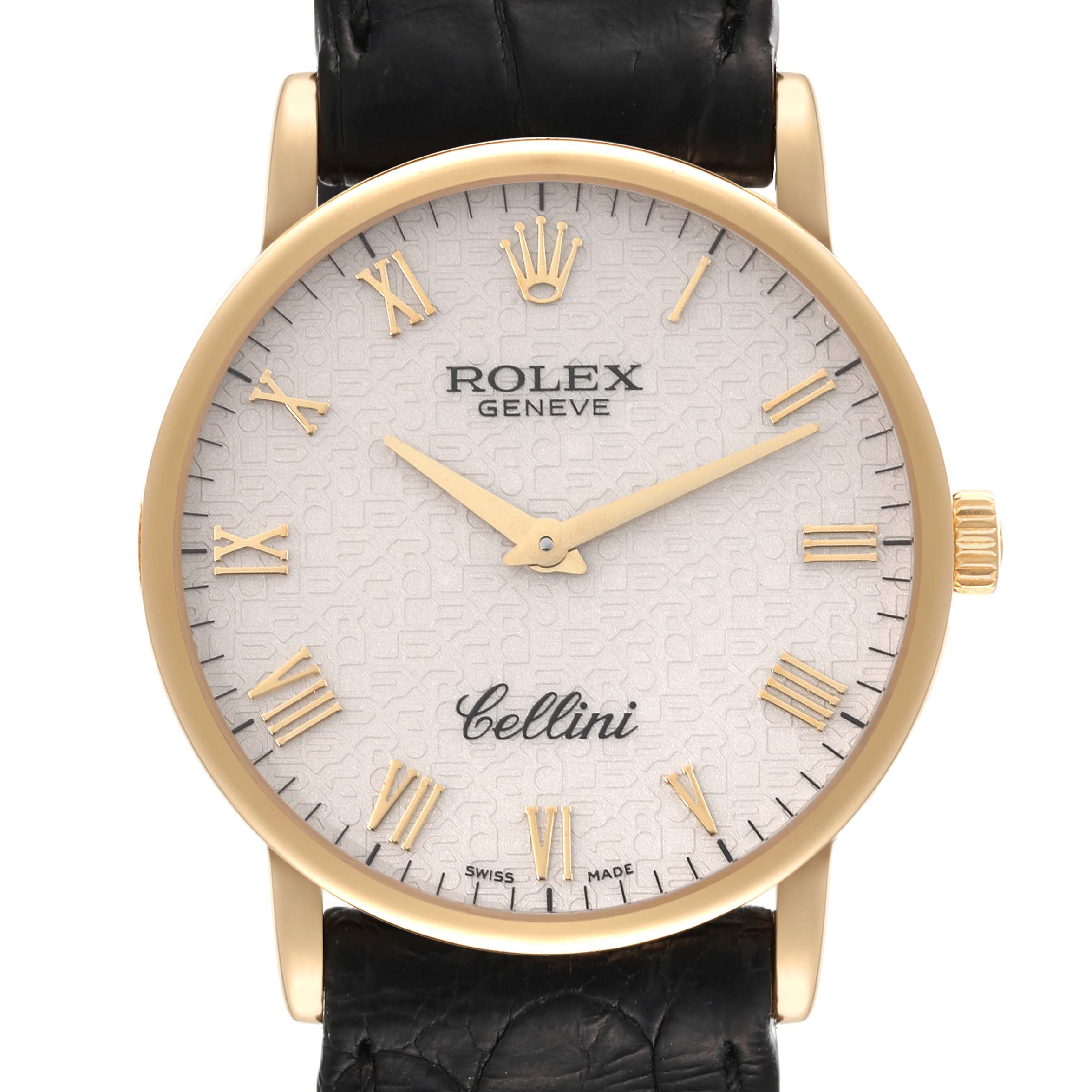 This image shows a front view of the Rolex Cellini 5115 Men's Yellow Gold Beige Dial 5115 Men's Yellow Gold Beige Dial, highlighting its dial, gold case, and black leather strap.
