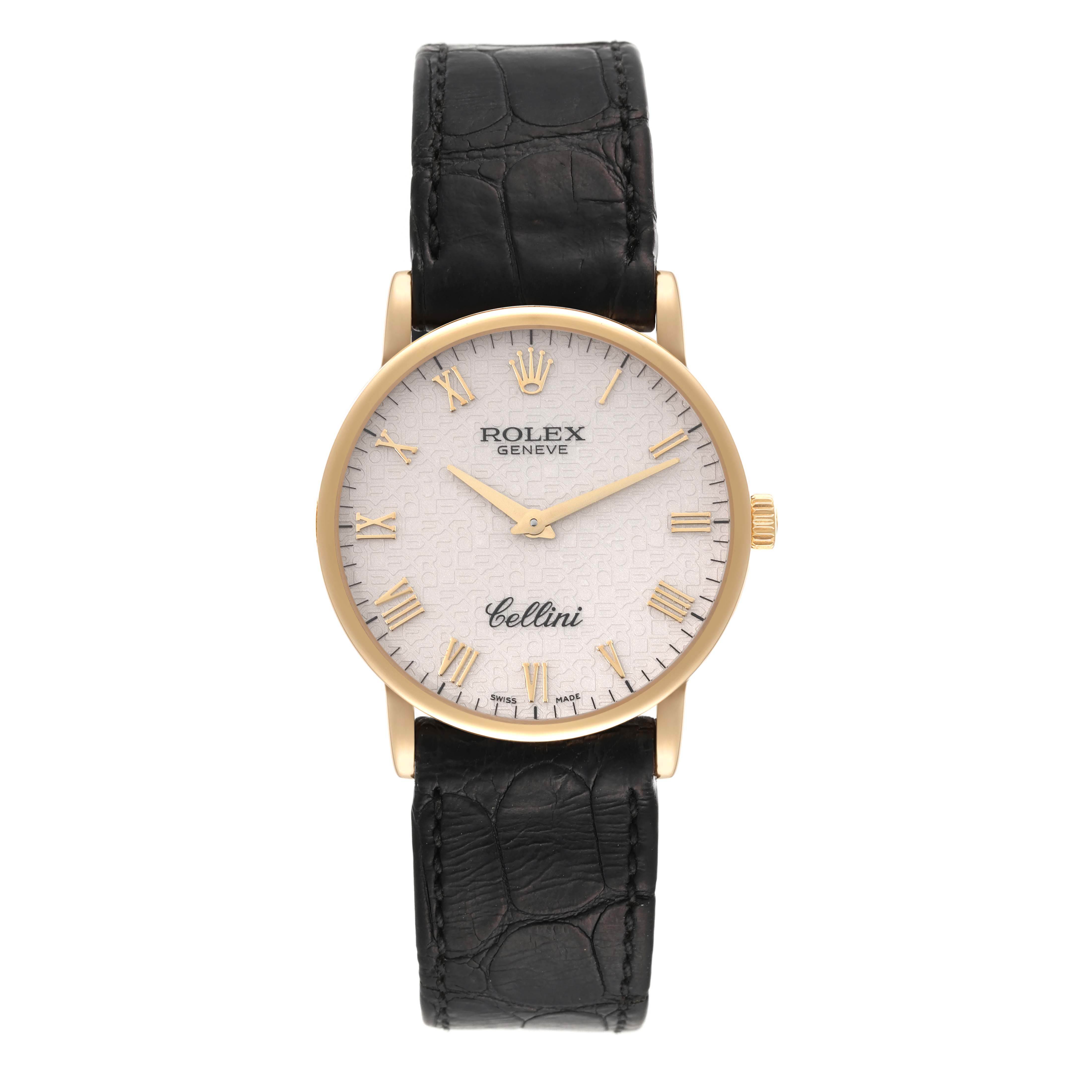 The image shows a straight-on view of a Rolex Cellini 5115 Men's Yellow Gold Beige Dial 5115 Men's Yellow Gold Beige Dial watch, featuring its face, strap, and crown.