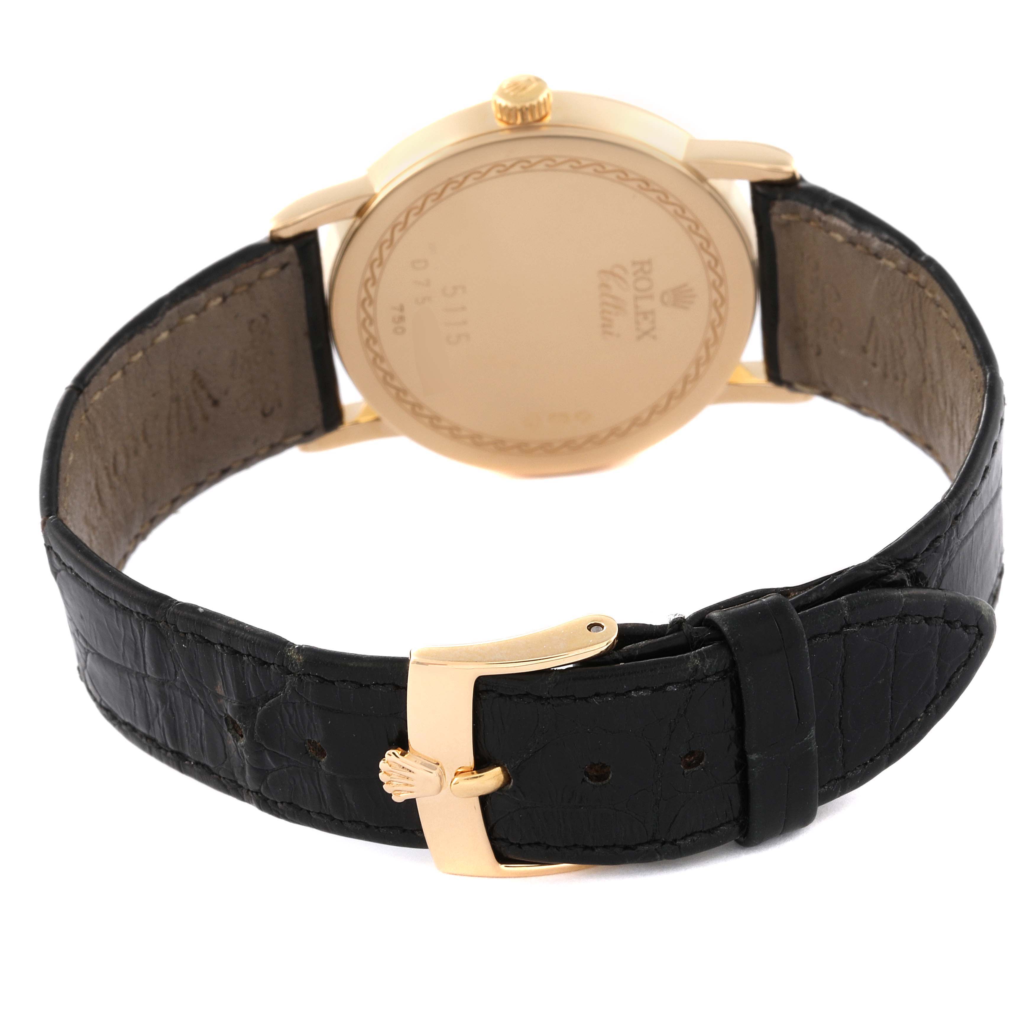 The image shows the back case, crown, and leather strap with a buckle of a Rolex Cellini 5115 Men's Yellow Gold Beige Dial 5115 Men's Yellow Gold Beige Dial watch.