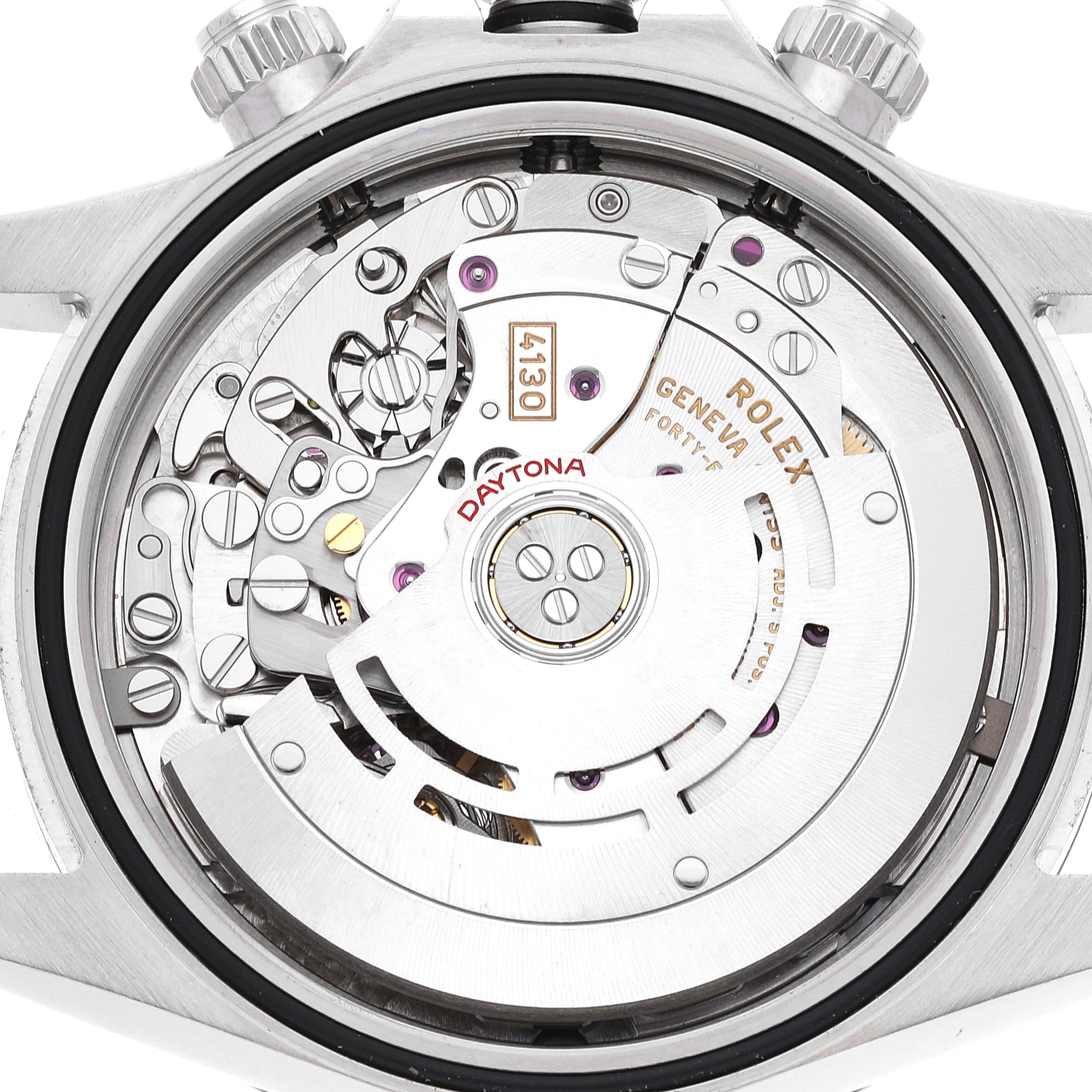 The image shows the movement and internal mechanism of a Rolex Daytona 116500 Men
s Stainless Steel Black Dial 116500 Men
s Stainless Steel Black Dial watch from a rear angle.