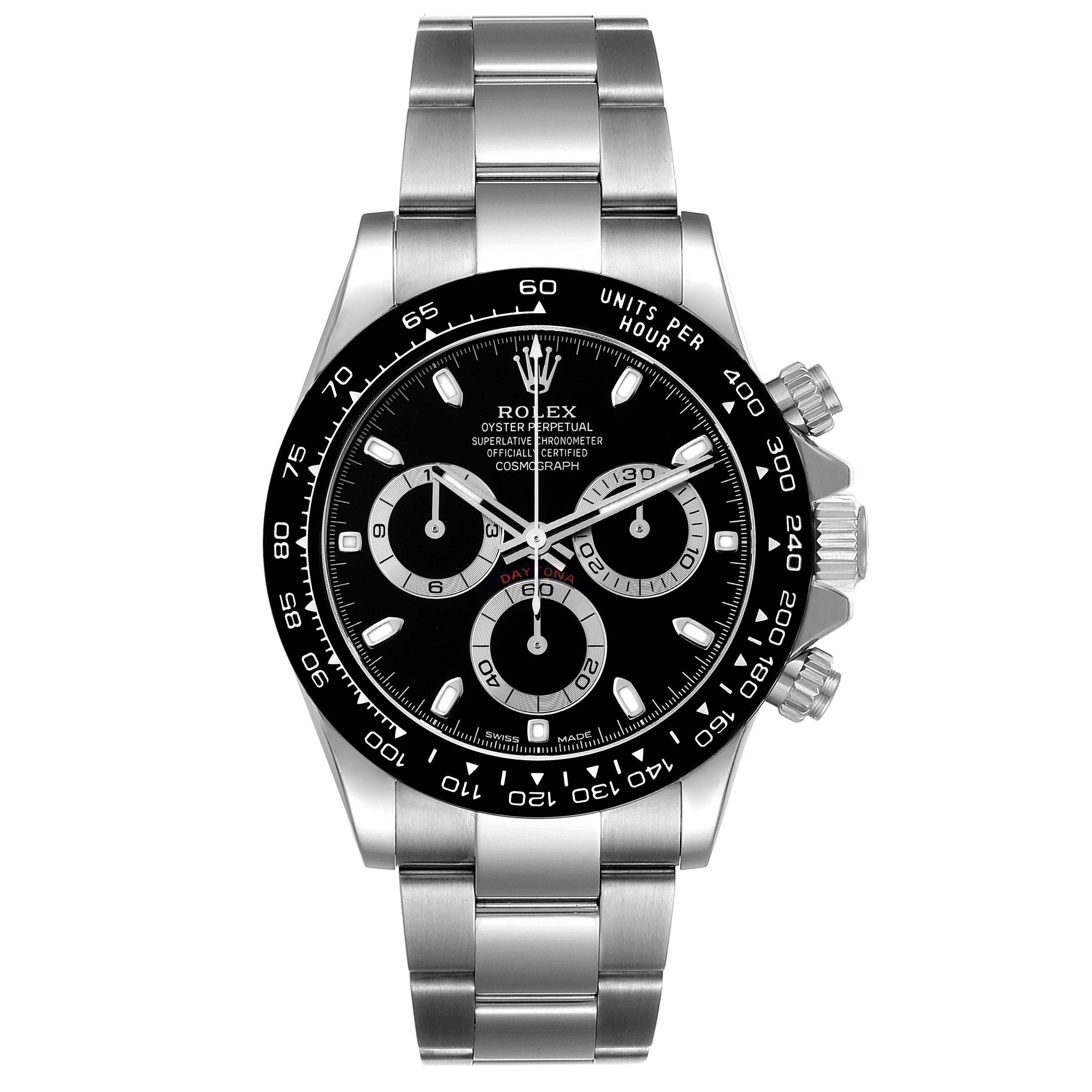The Rolex Daytona 116500 Men
s Stainless Steel Black Dial 116500 Men
s Stainless Steel Black Dial watch is shown from a front angle, highlighting its black dial, three sub-dials, and stainless steel band.