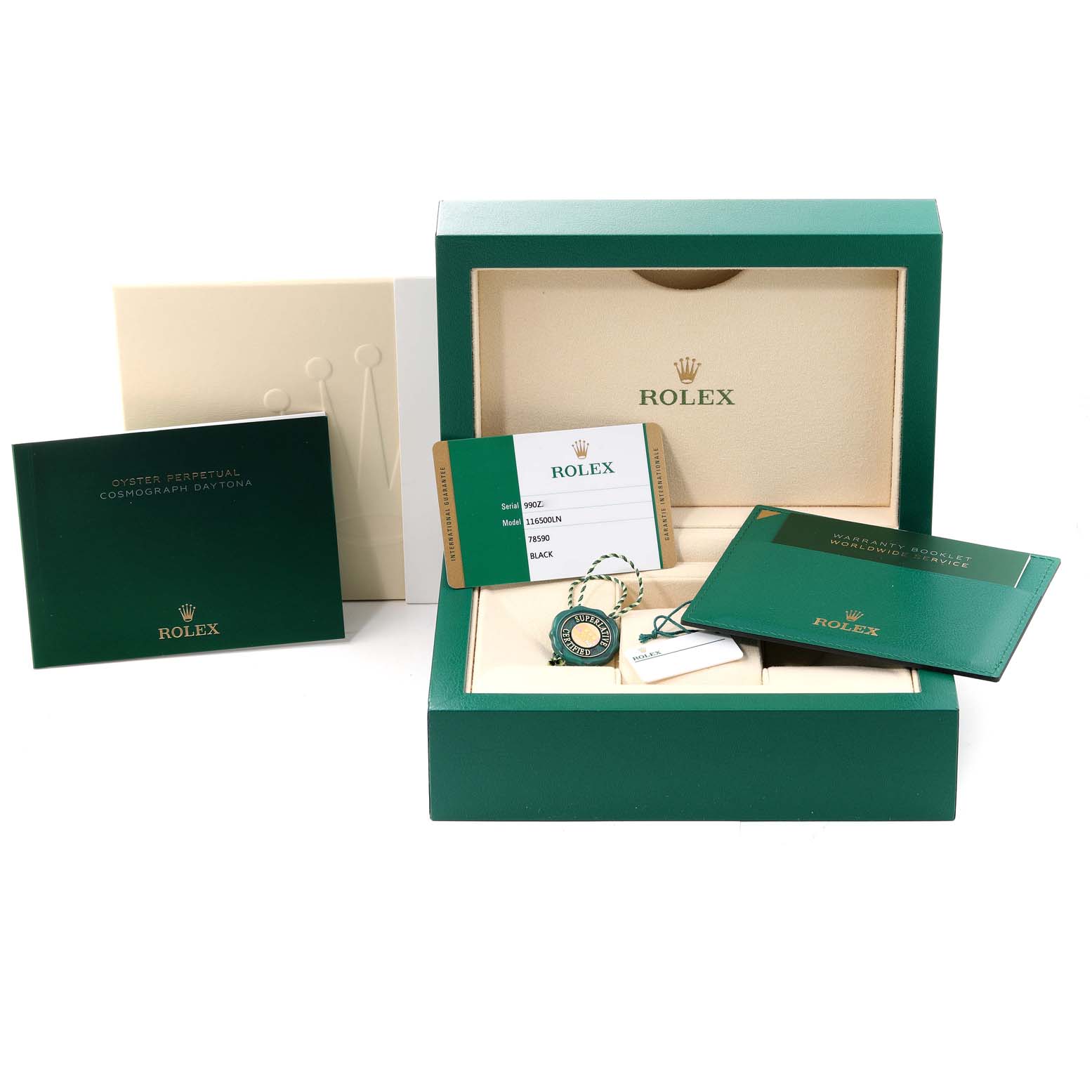 The image shows the packaging and accessories for a Rolex Daytona 116500 Men
s Stainless Steel Black Dial 116500 Men
s Stainless Steel Black Dial watch, including the box, warranty card, hang tags, and booklets.