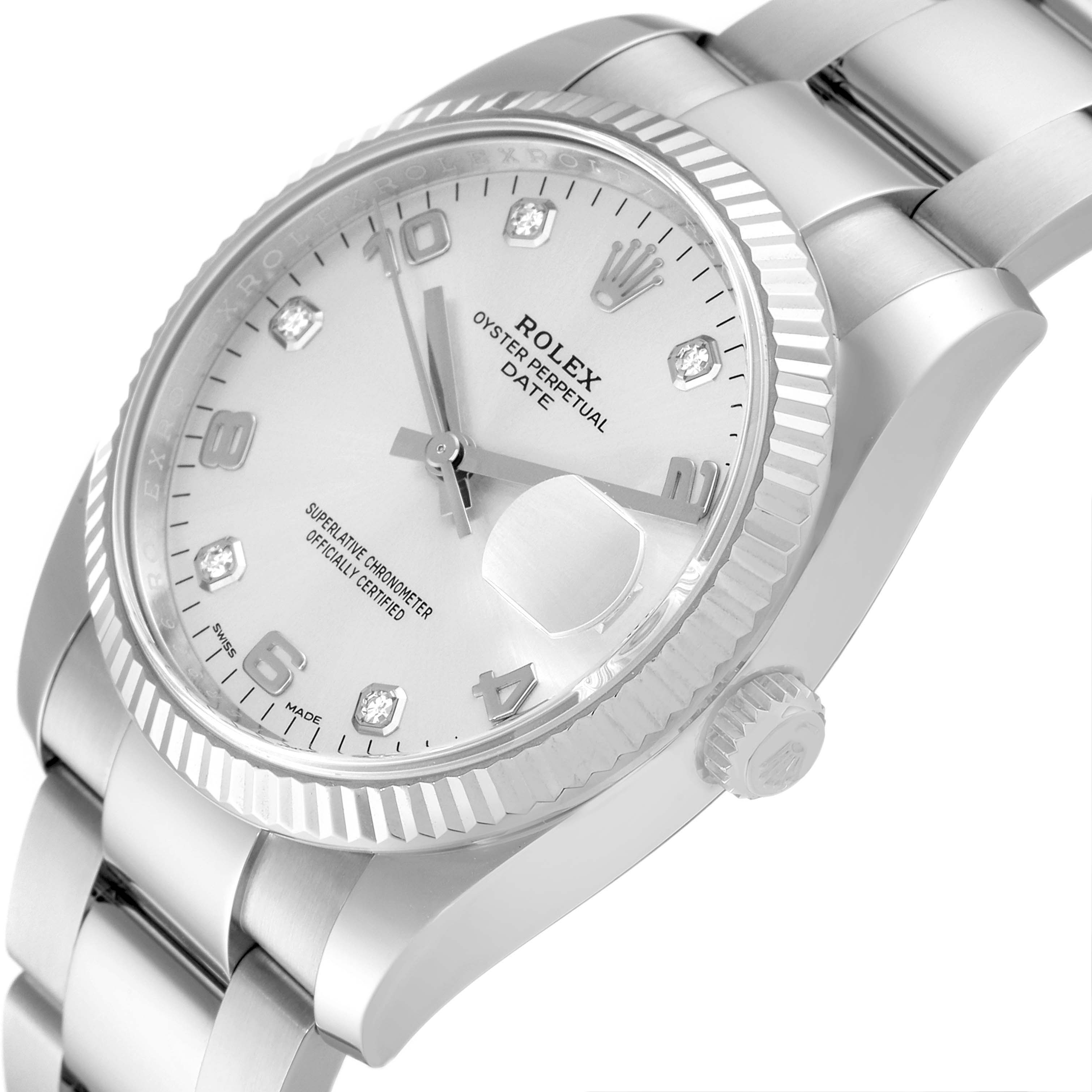 The image shows a close-up of the dial, bezel, crown, and part of the bracelet of the Rolex Datejust 115234 Men's Stainless Steel Silver Dial 115234 Men's Stainless Steel Silver Dial watch at an angled view.