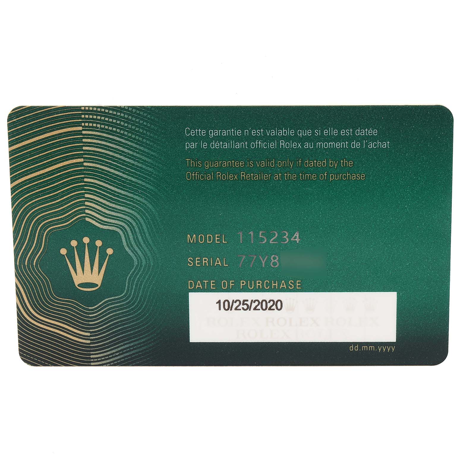 This image shows the warranty card for a Rolex Datejust 115234 Men's Stainless Steel Silver Dial 115234 Men's Stainless Steel Silver Dial, model 115234, displaying the date of purchase.