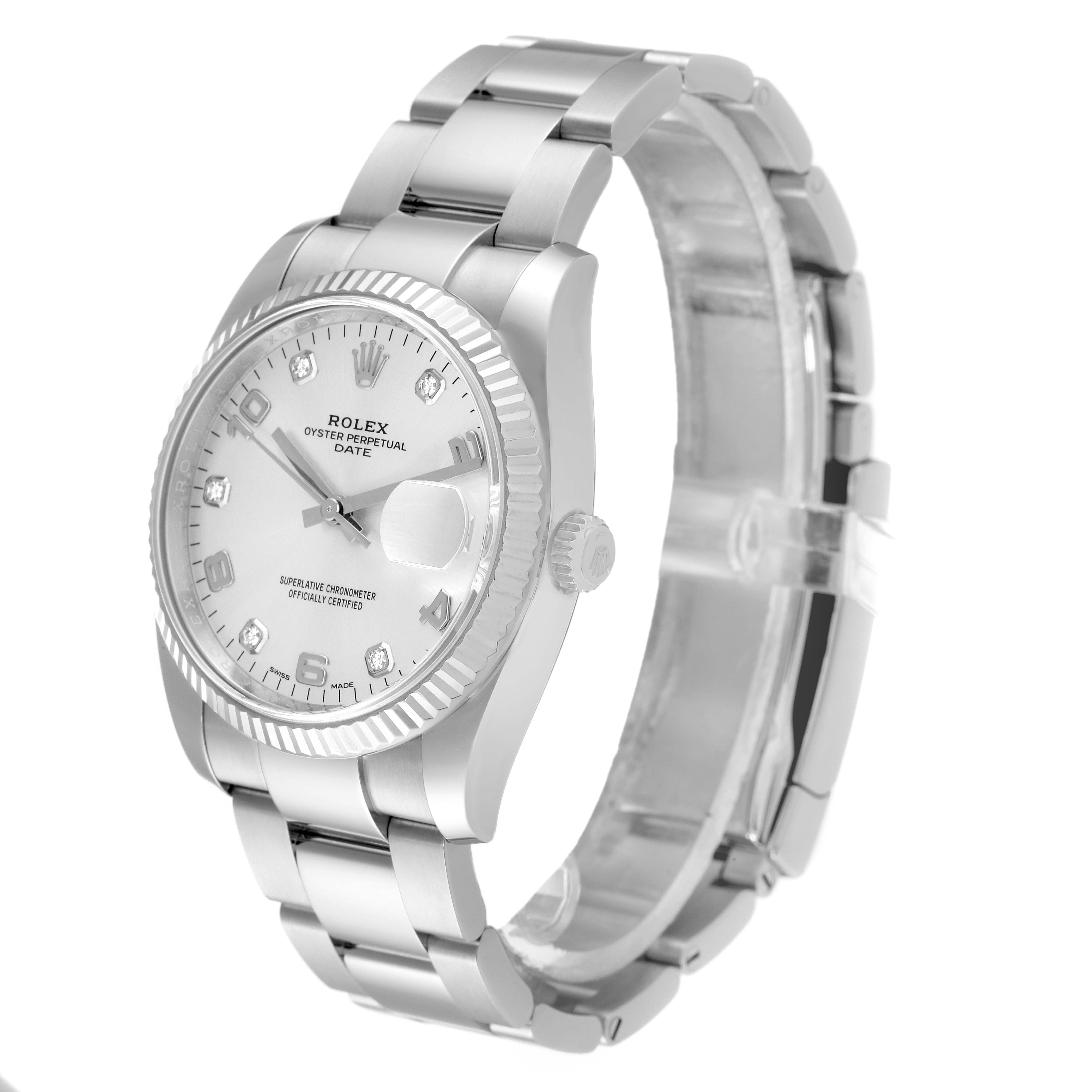 This image shows a Rolex Datejust 115234 Men's Stainless Steel Silver Dial 115234 Men's Stainless Steel Silver Dial watch at a three-quarter angle, highlighting the dial, bezel, crown, and bracelet.