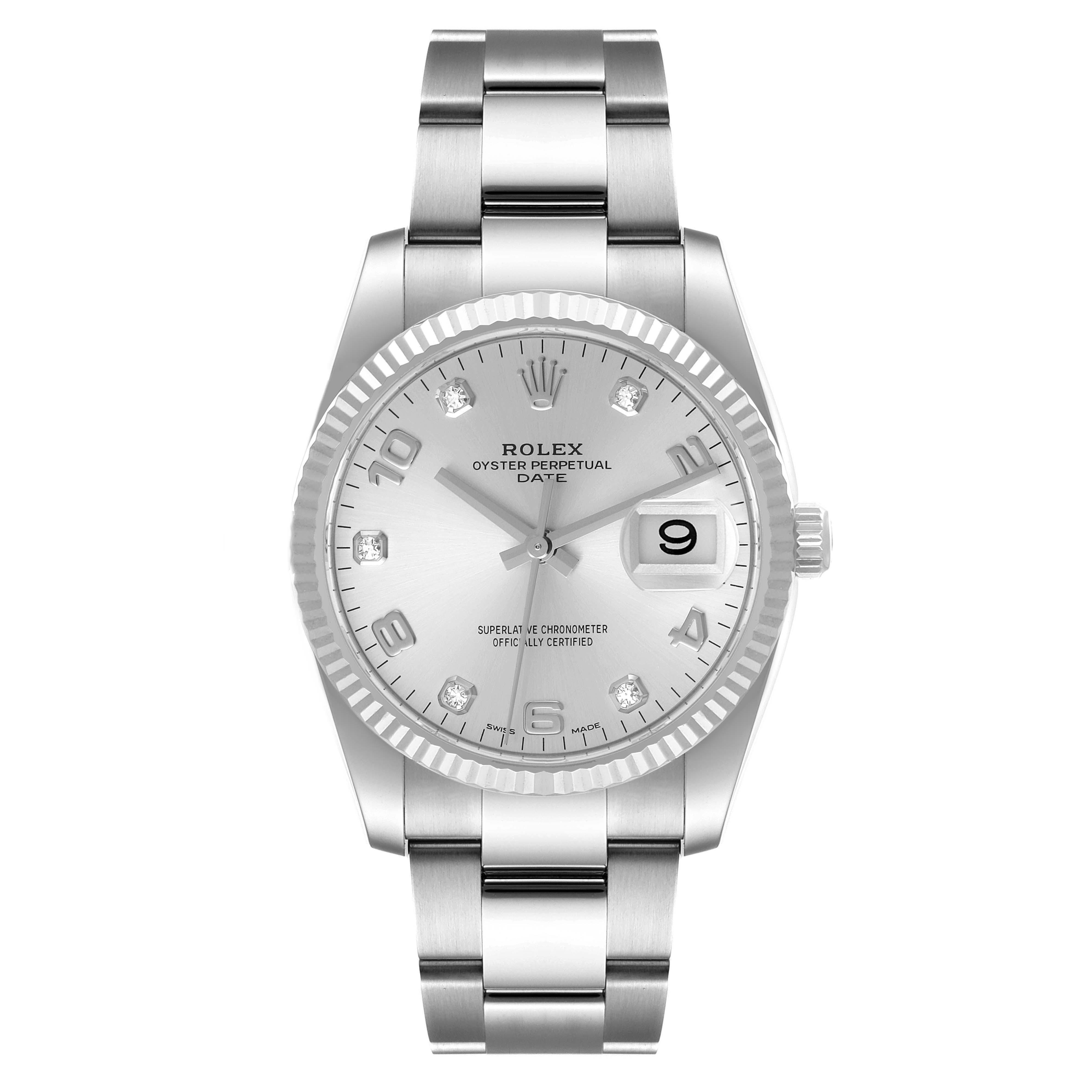 The image shows a front view of a Rolex Datejust 115234 Men's Stainless Steel Silver Dial 115234 Men's Stainless Steel Silver Dial watch, highlighting its face, bracelet, and date window at 3 o'clock.