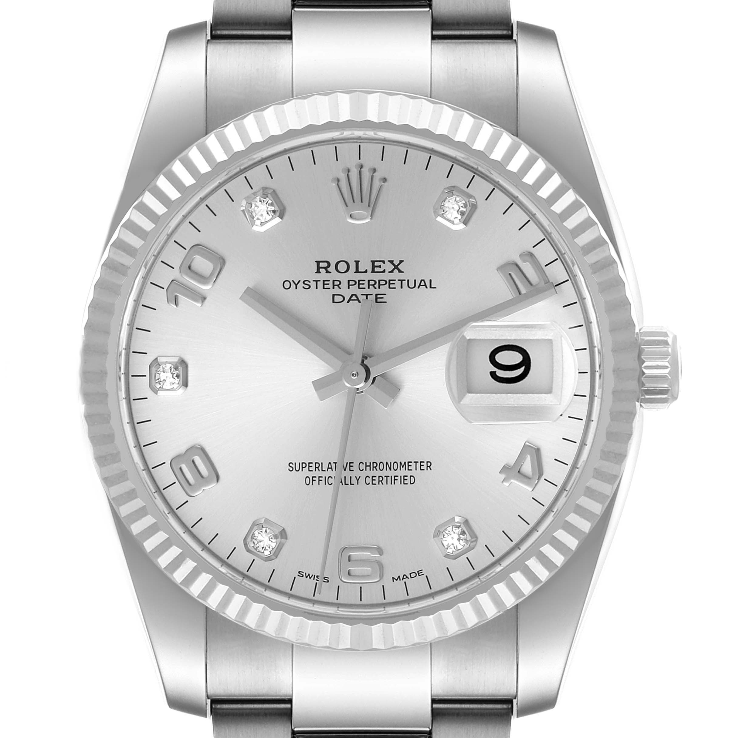 The Rolex Datejust 115234 Men's Stainless Steel Silver Dial 115234 Men's Stainless Steel Silver Dial watch is shown from a front angle, highlighting its dial, fluted bezel, and bracelet.