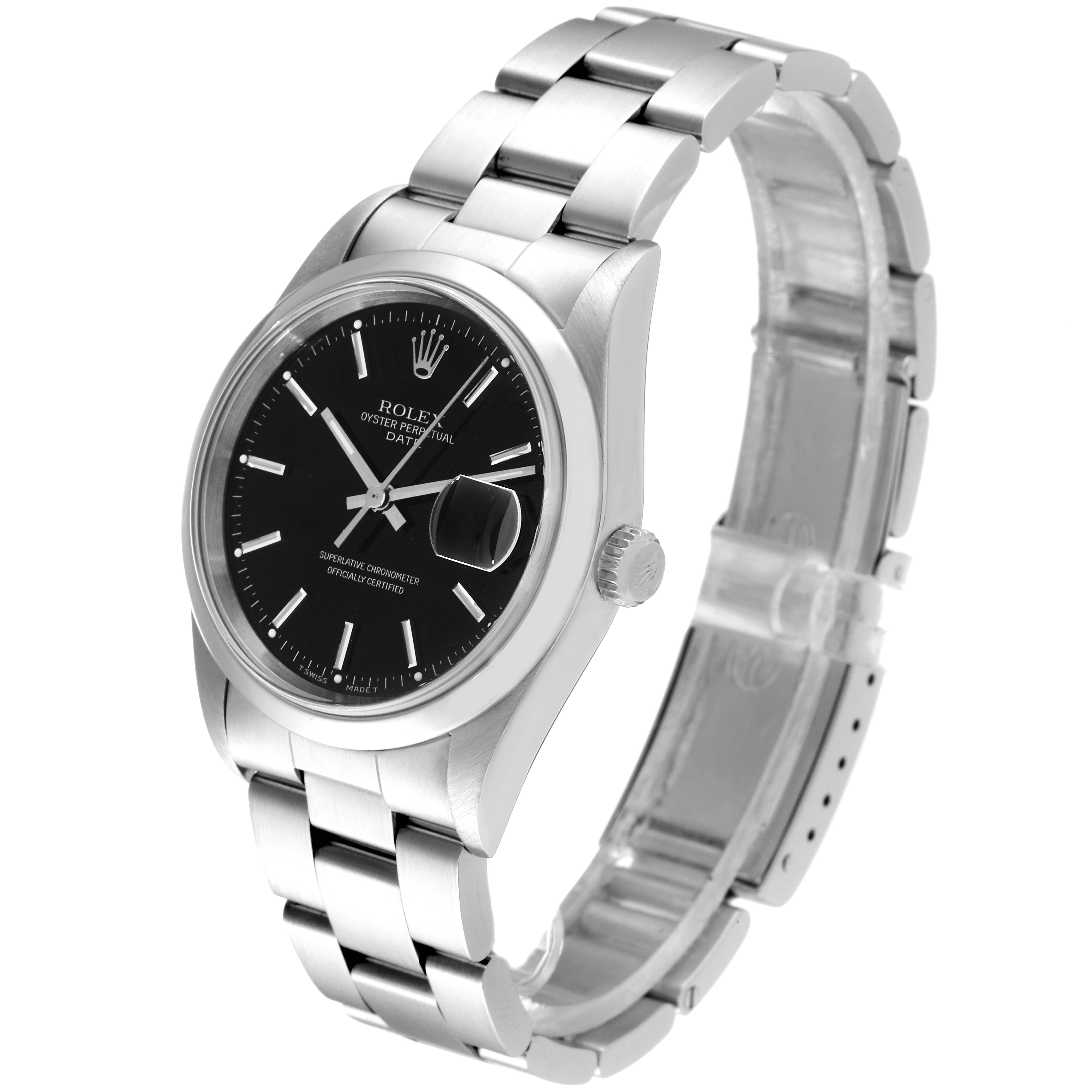 This image shows a silver Rolex Oyster Perpetual Date watch with a black dial, viewed from a three-quarter angle.