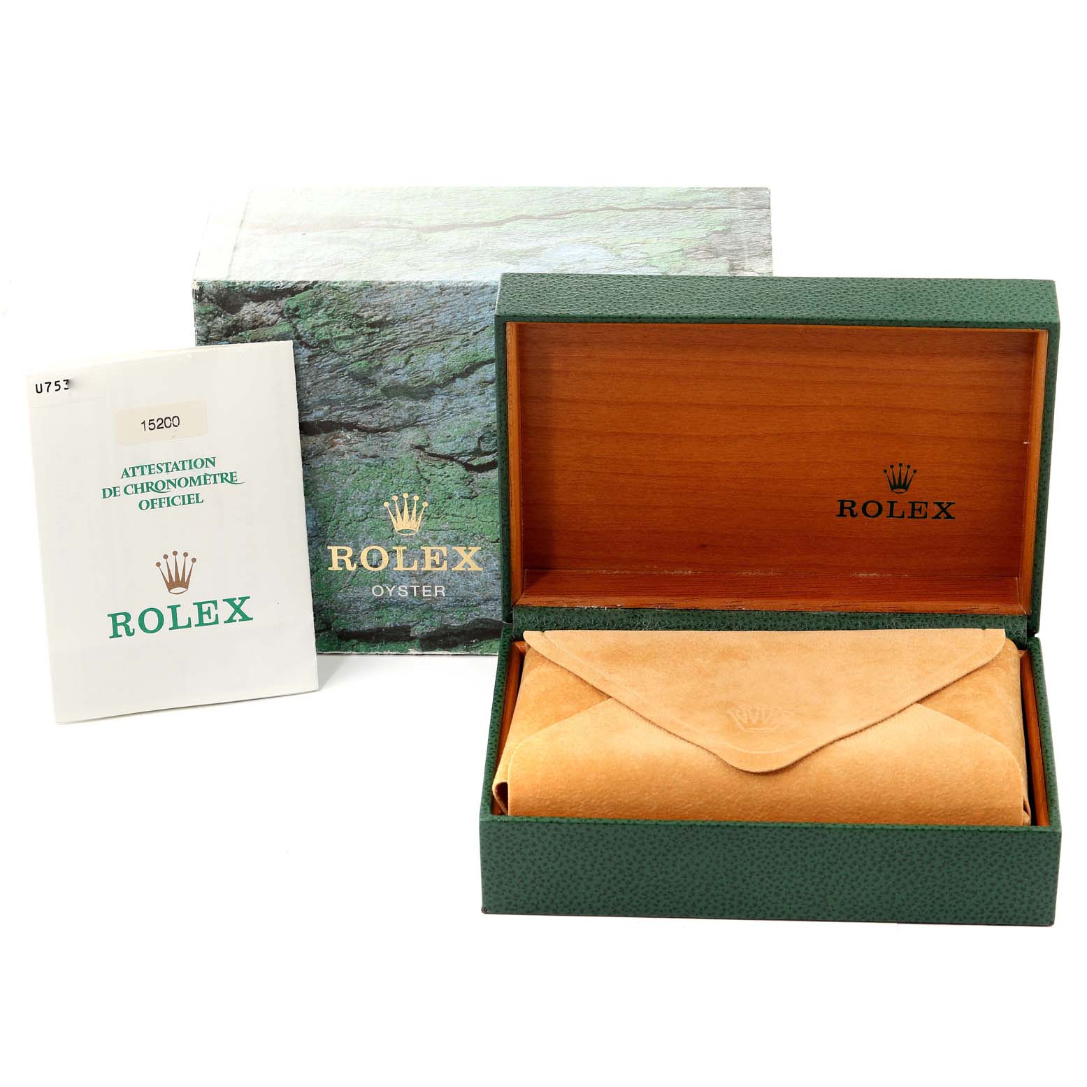 This image shows the box and certificate packaging for a Rolex Date 15200 Men's Stainless Steel Black Dial 15200 Men's Stainless Steel Black Dial model watch, with the green outer box, wooden inner box, and a certification booklet.