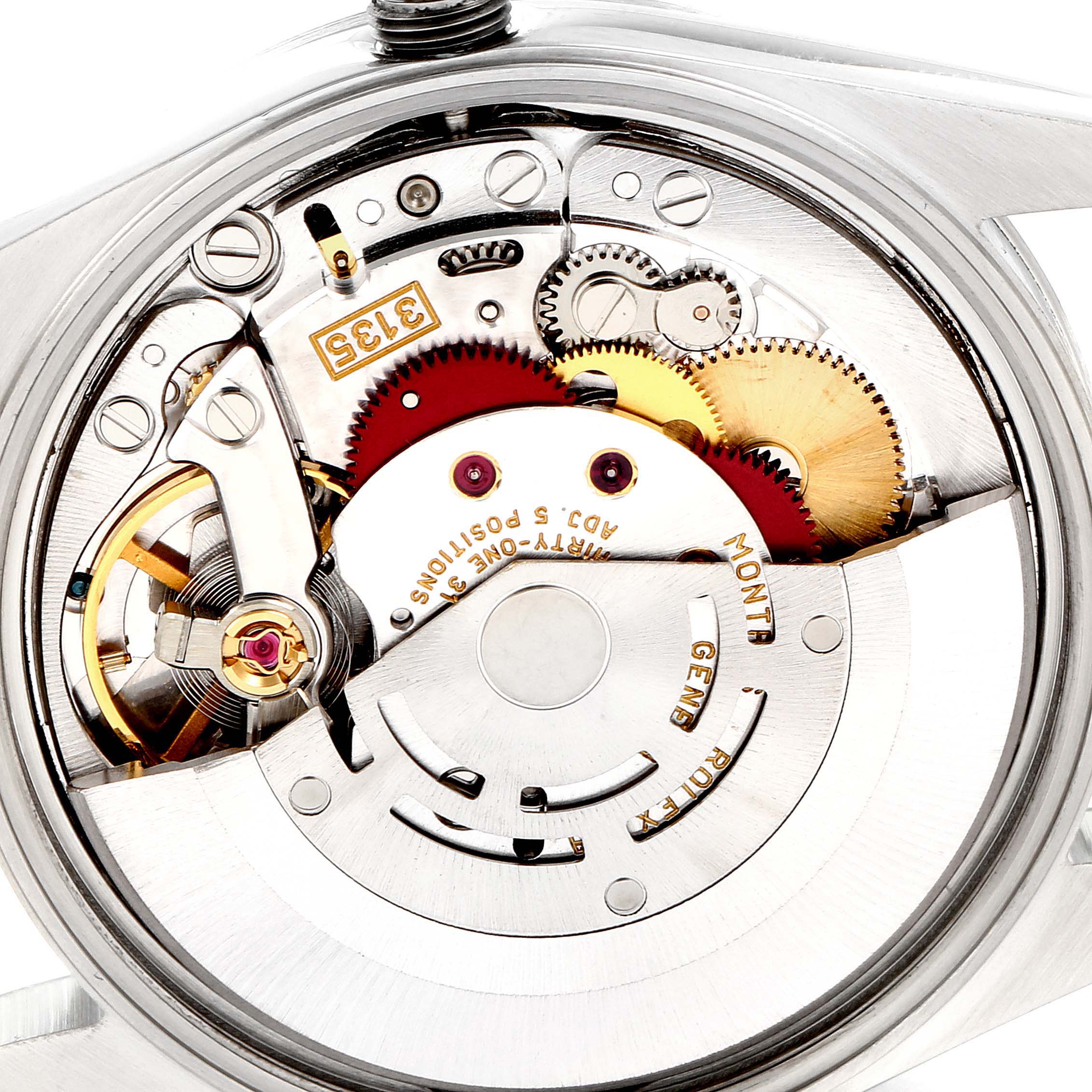 This view shows the intricate internal mechanism of the Rolex Date 15200 Men's Stainless Steel Black Dial 15200 Men's Stainless Steel Black Dial model watch from a back angle.