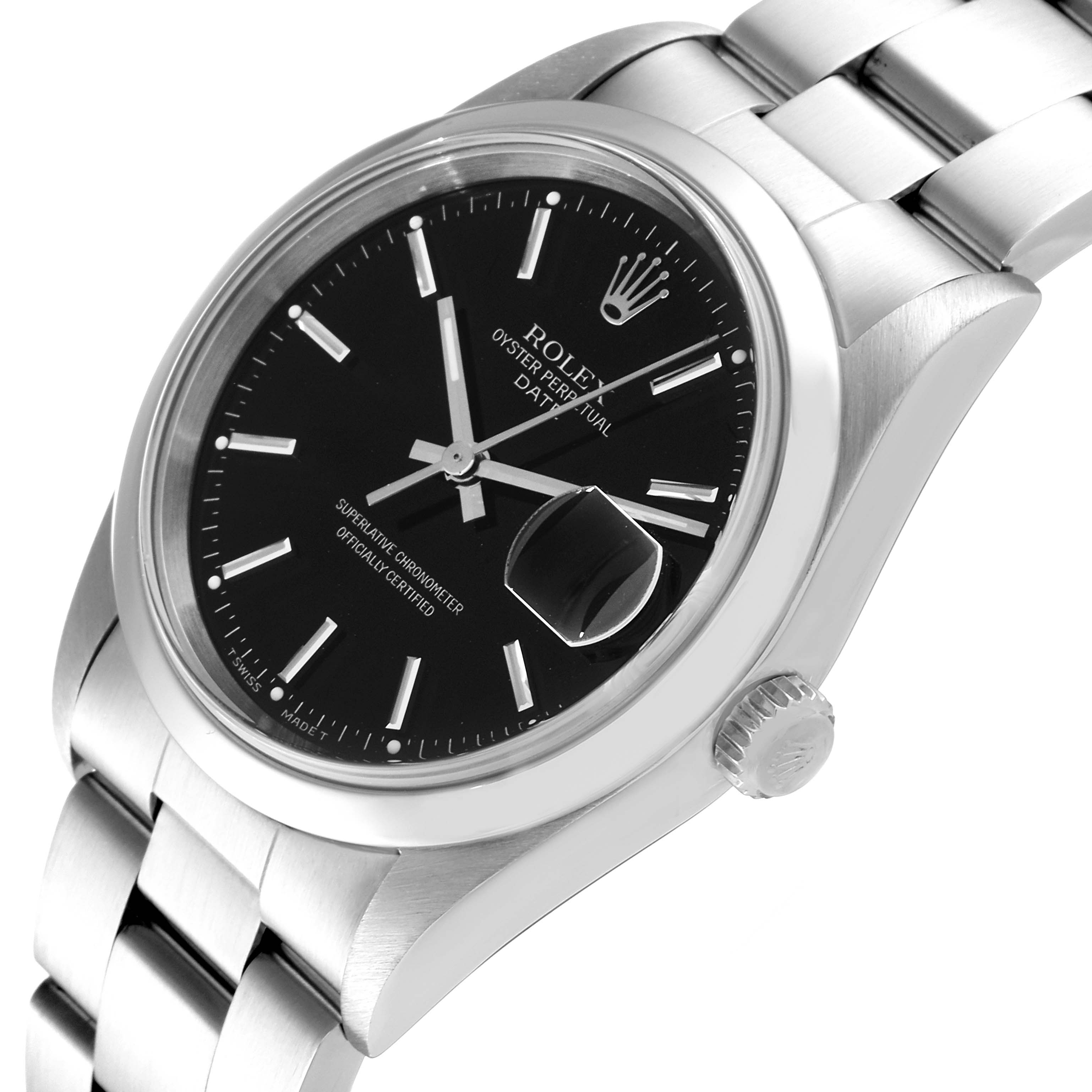 This image shows a Rolex Date 15200 Men's Stainless Steel Black Dial 15200 Men's Stainless Steel Black Dial model watch from an oblique angle highlighting the dial, bezel, bracelet, and crown.