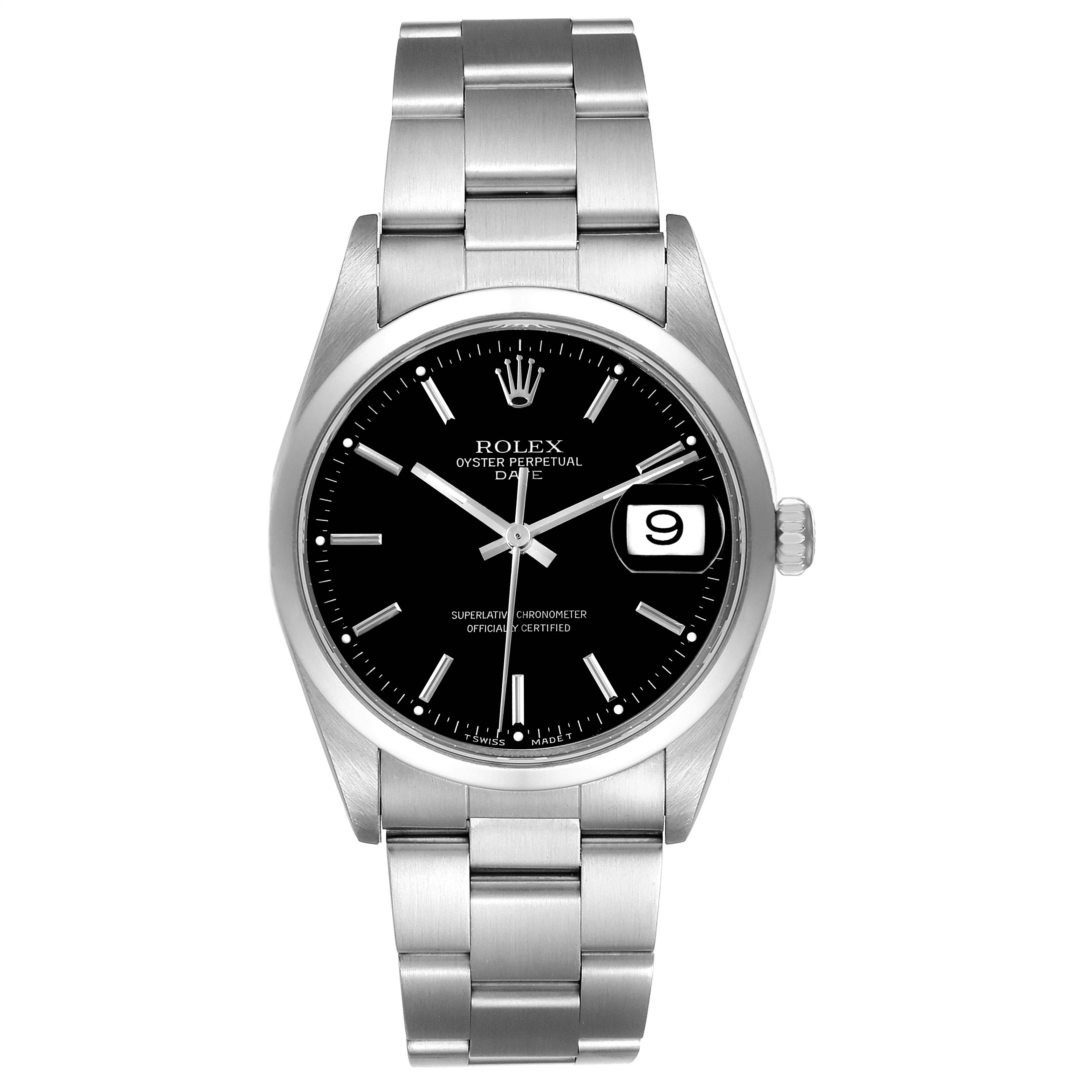 This image shows a Rolex Date 15200 Men's Stainless Steel Black Dial 15200 Men's Stainless Steel Black Dial model watch from the front, featuring the dial, bracelet, and crown.