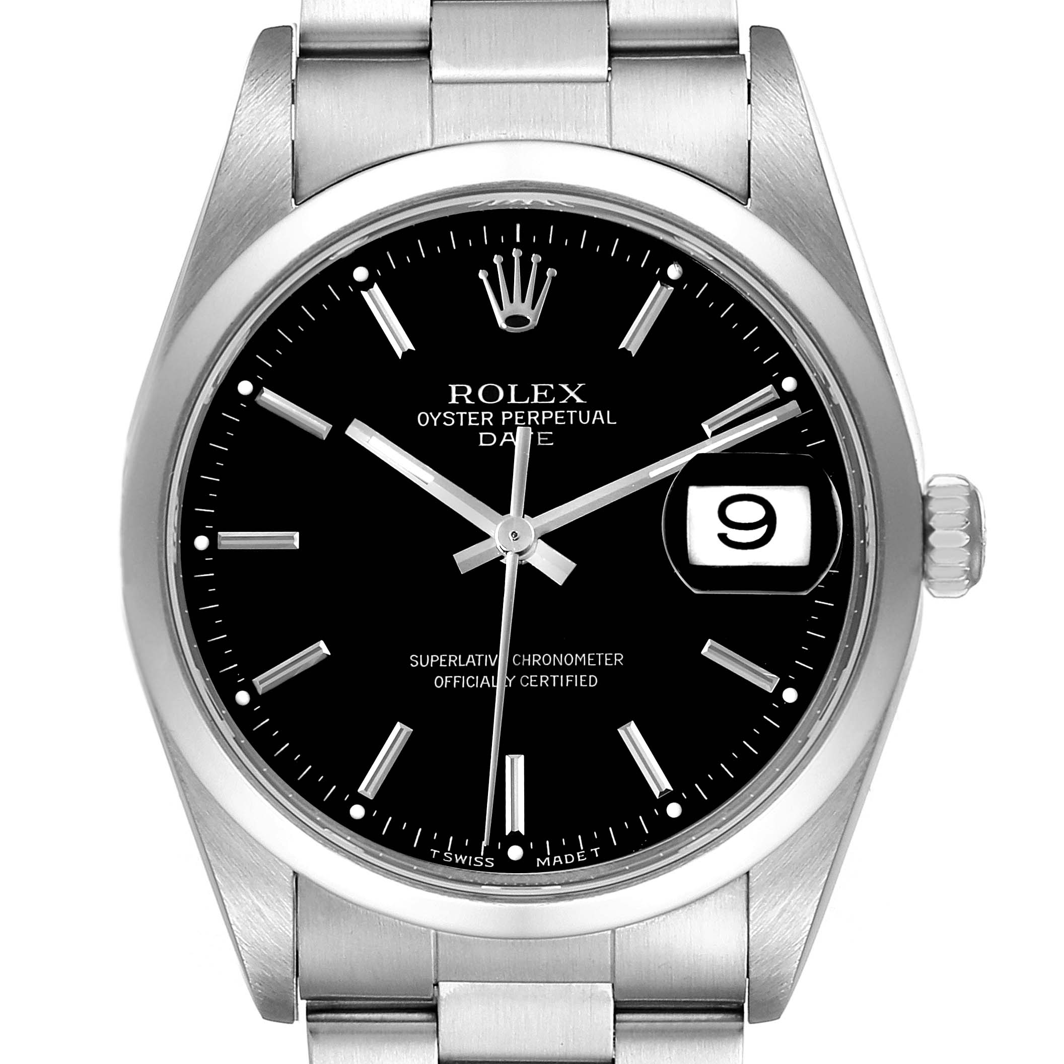 The image shows a front view of a Rolex Oyster Perpetual Date watch, displaying the dial, hands, crown, and part of the bracelet.