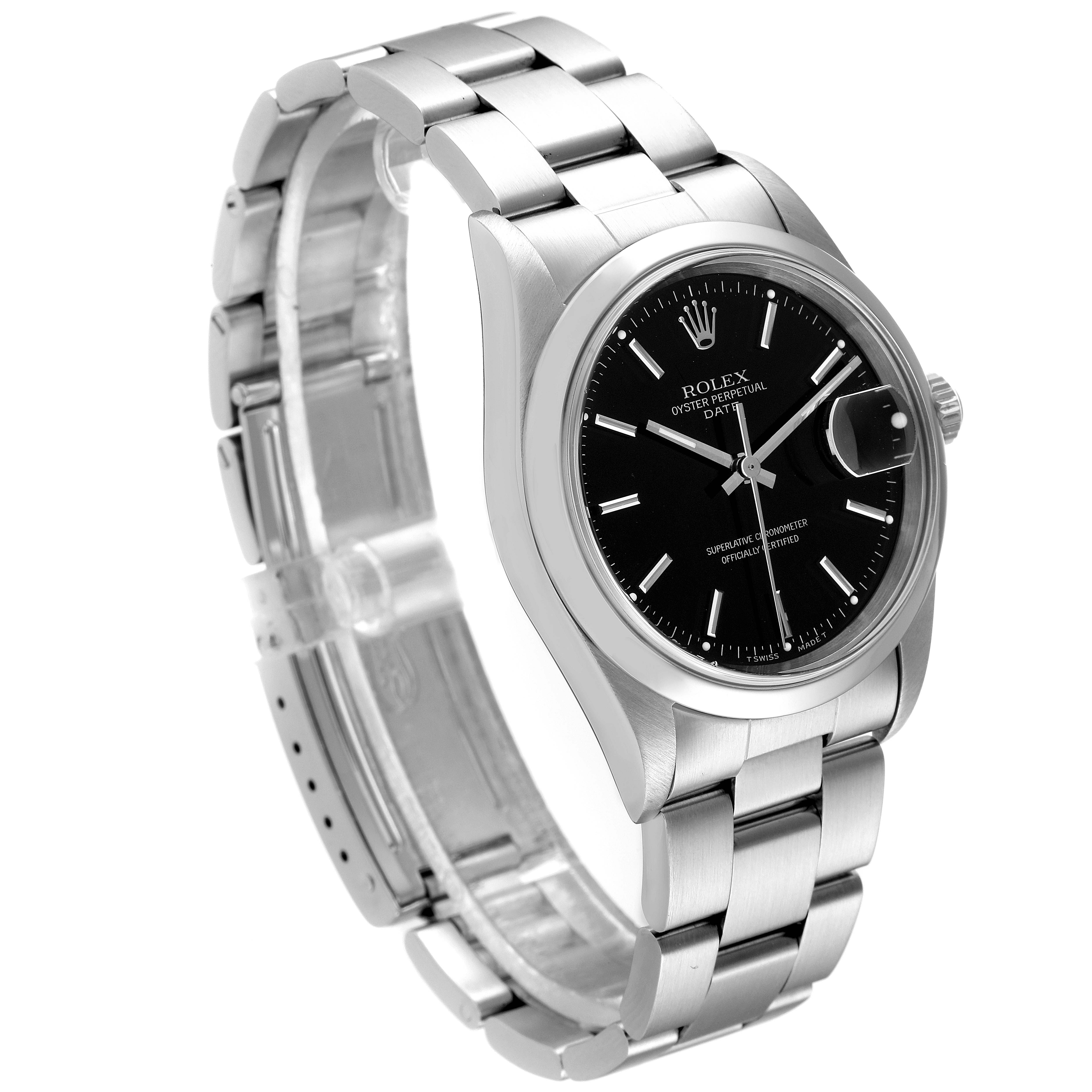 The image shows a Rolex Date 15200 Men's Stainless Steel Black Dial 15200 Men's Stainless Steel Black Dial model watch with a stainless steel bracelet and a black dial at a slight angle.