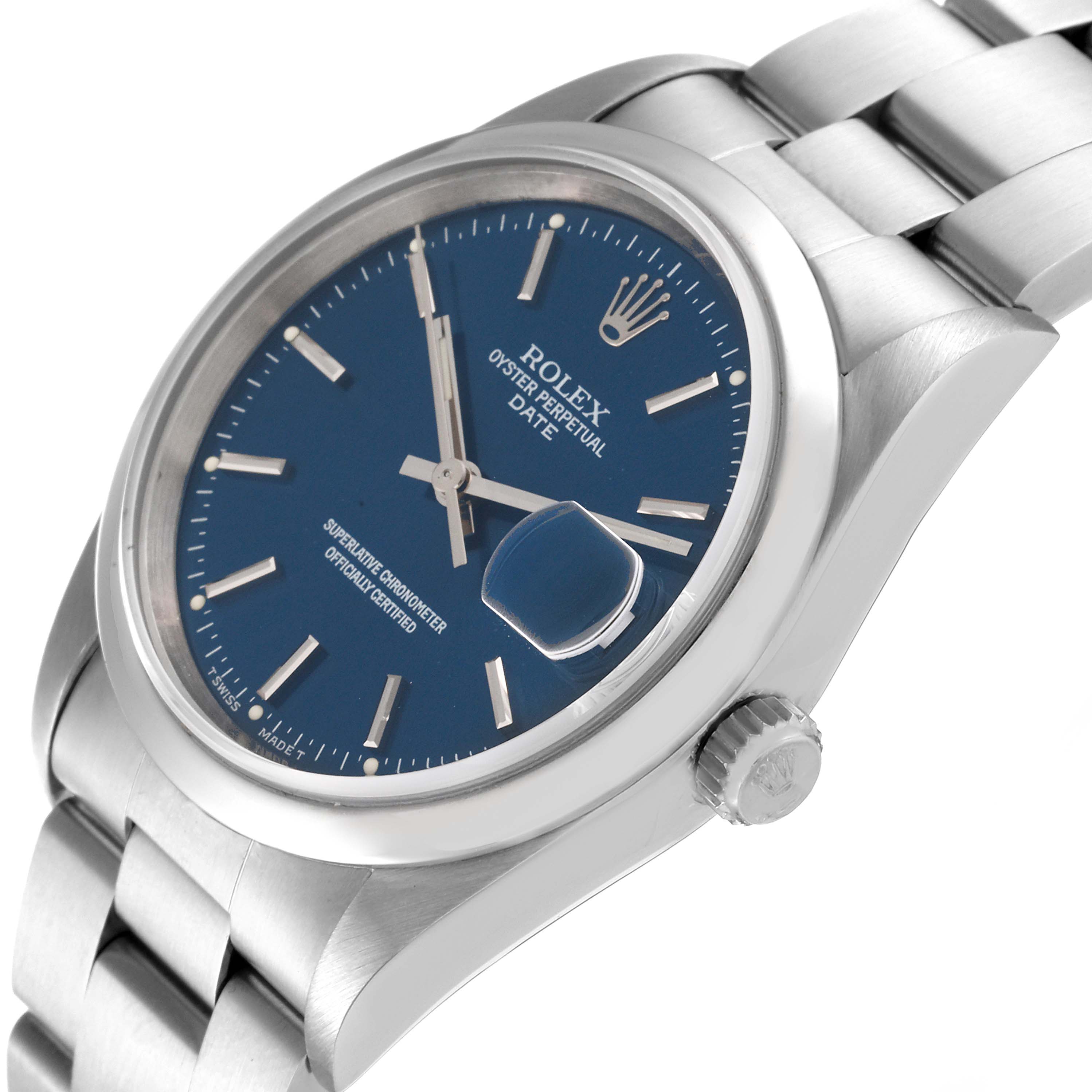 The image shows a Rolex Date 15200 Men's Stainless Steel Blue Dial 15200 Men's Stainless Steel Blue Dial watch at a slight angle, highlighting its blue dial, date window, and stainless steel bracelet.