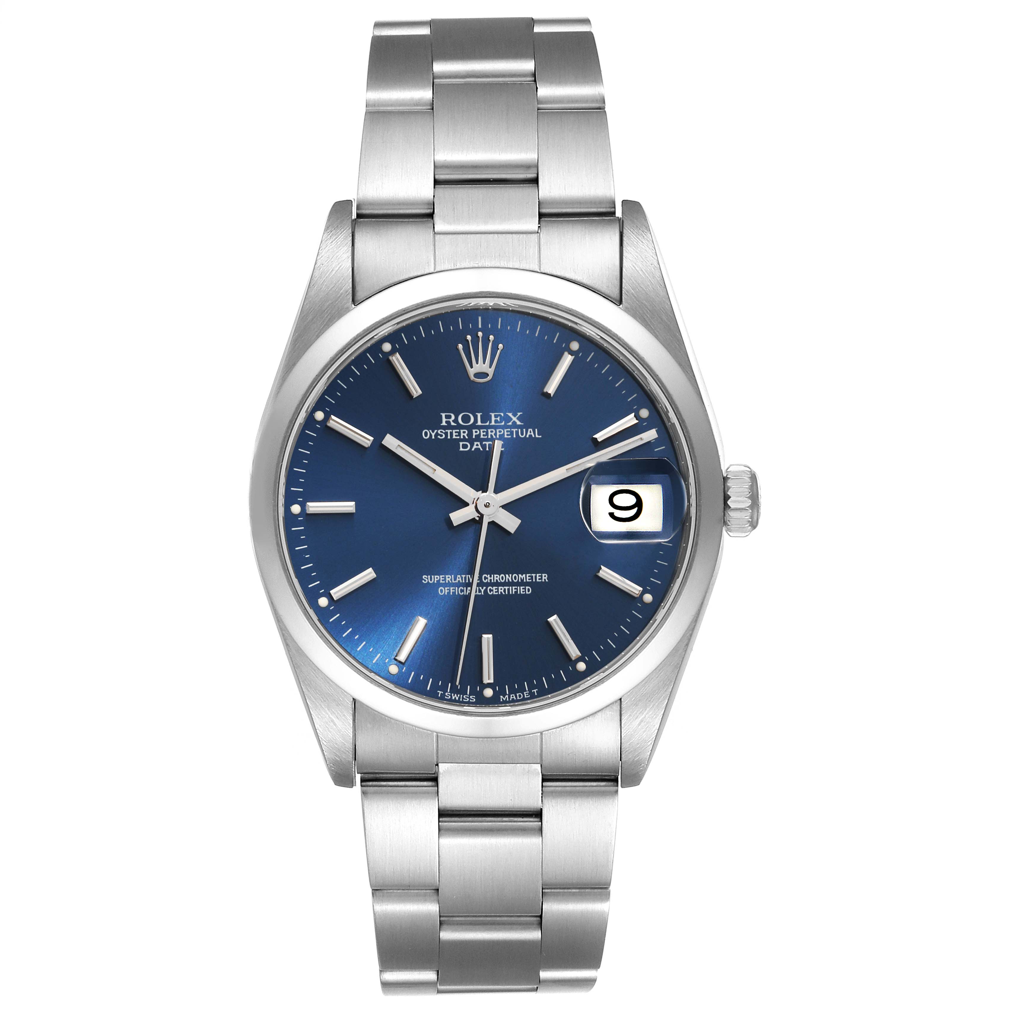 The Rolex Date 15200 Men's Stainless Steel Blue Dial 15200 Men's Stainless Steel Blue Dial model watch is shown from a front angle, displaying the blue dial, date window, and stainless steel bracelet.