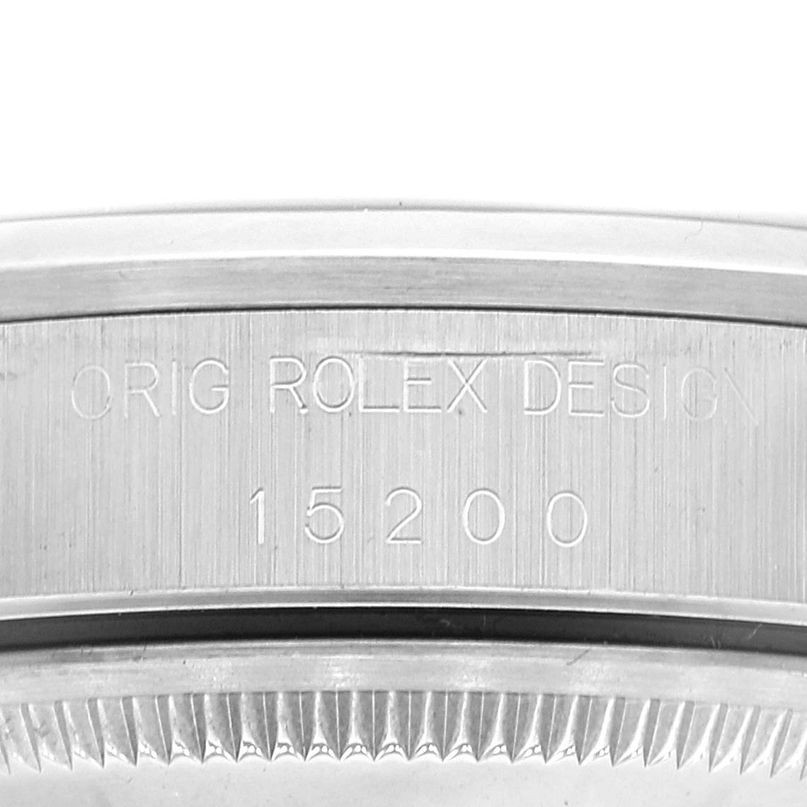 The image shows the model number "15200" and "ORIG ROLEX DESIGN" engraved on the side of the Rolex Date 15200 Men's Stainless Steel Blue Dial 15200 Men's Stainless Steel Blue Dial watch case.