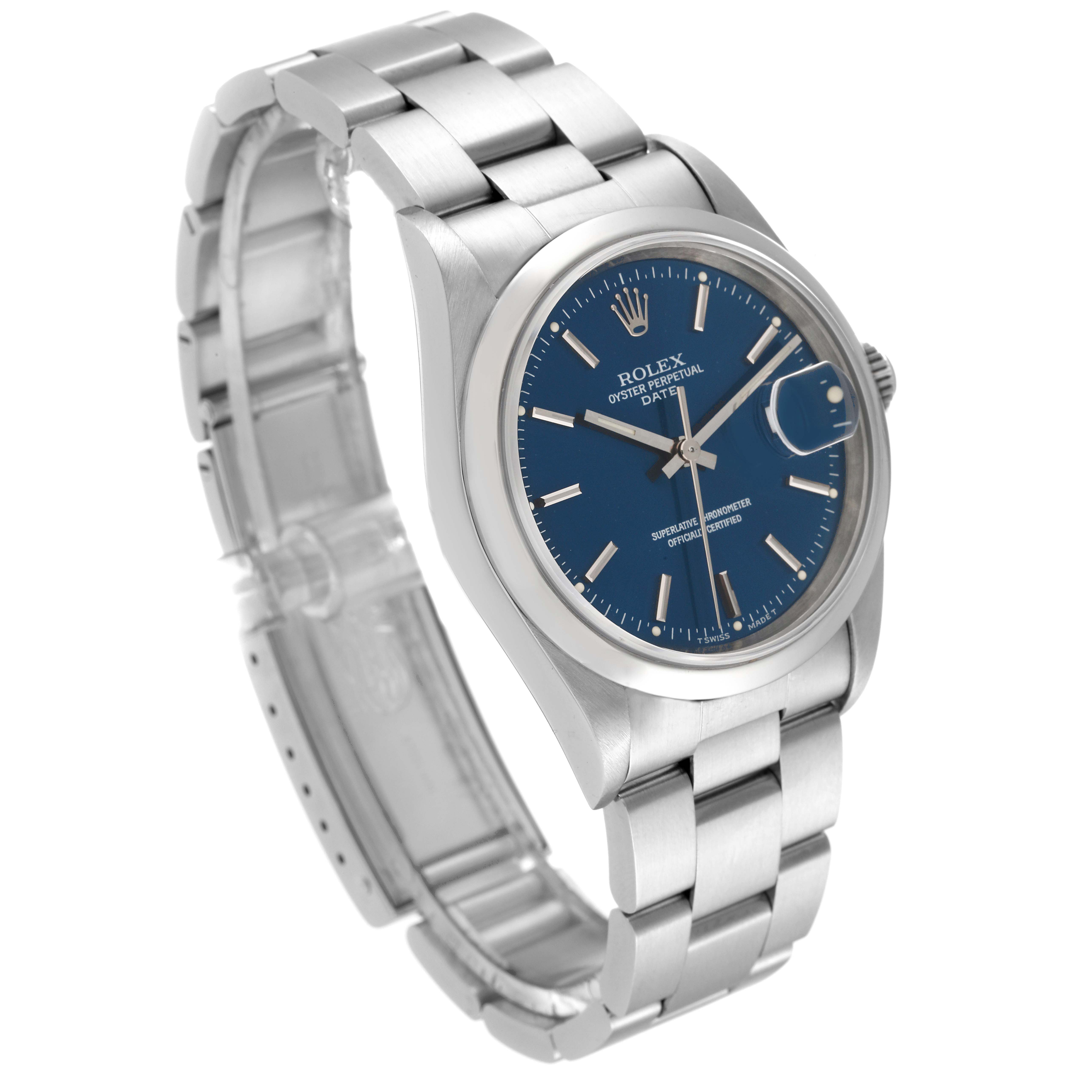 The image shows a Rolex Date 15200 Men's Stainless Steel Blue Dial 15200 Men's Stainless Steel Blue Dial model watch at an angle, highlighting its band, case, and blue dial.