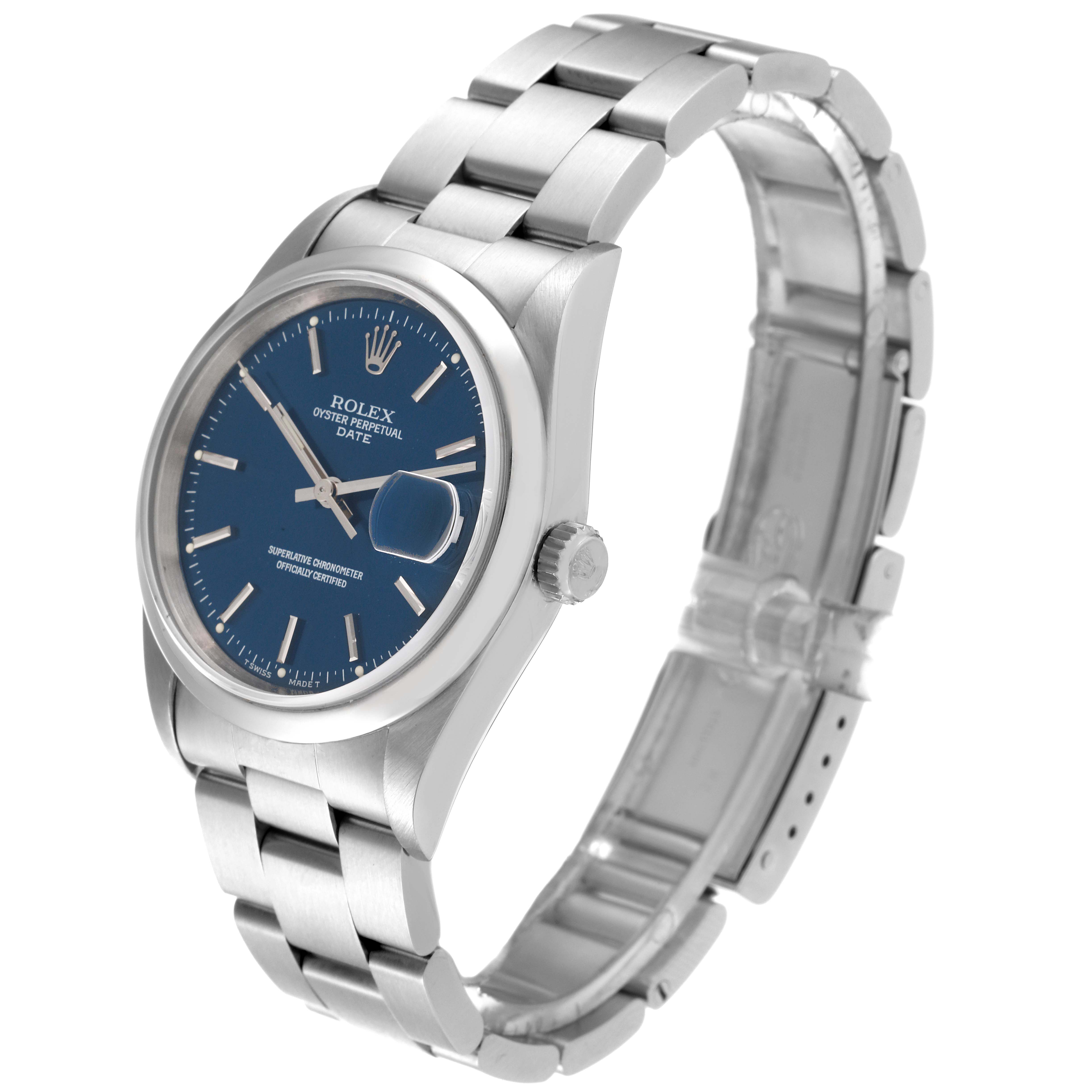 The Rolex Date 15200 Men's Stainless Steel Blue Dial 15200 Men's Stainless Steel Blue Dial model watch is shown at an angled view, displaying the face, case, and bracelet.