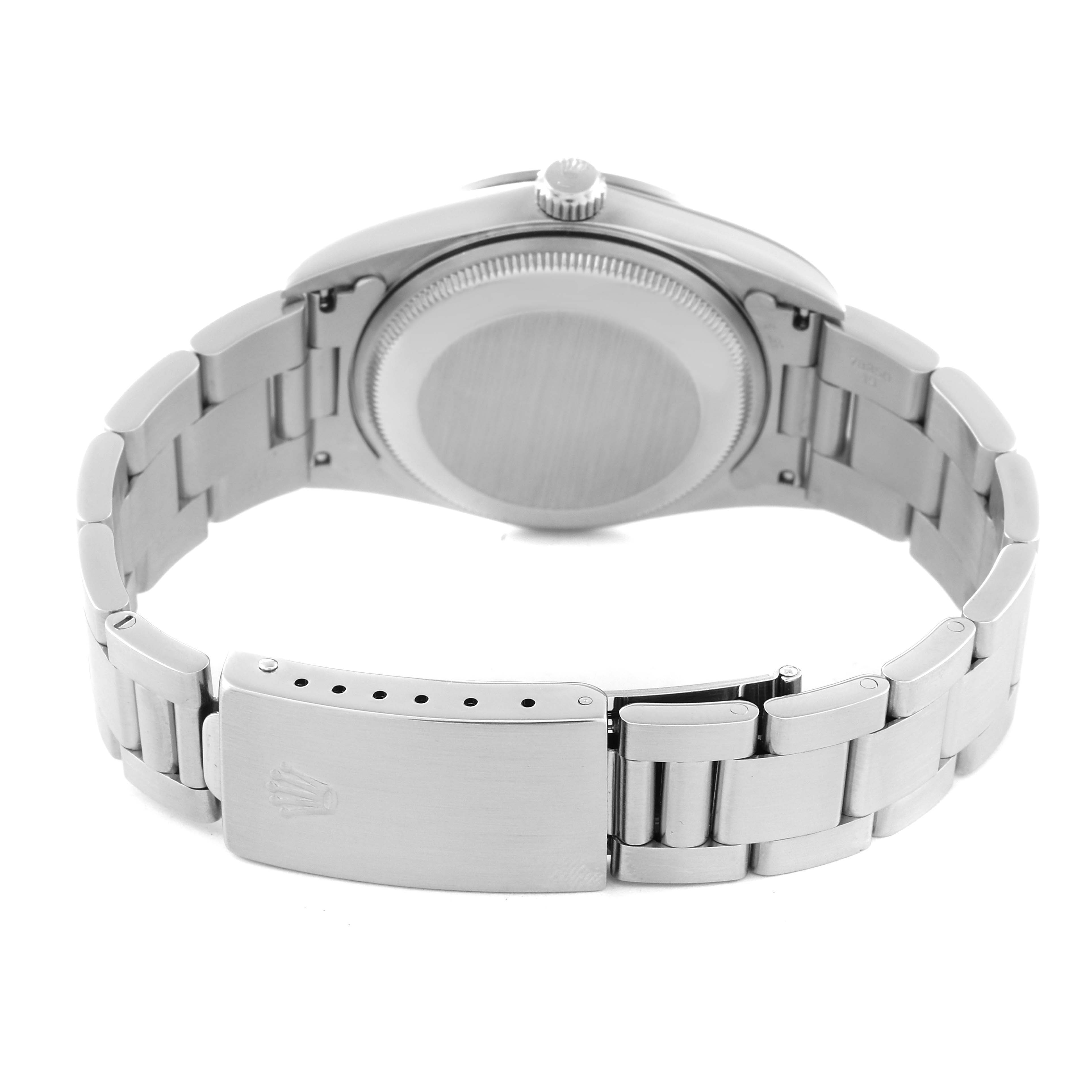 The image shows the back view of a Rolex Date 15200 Men's Stainless Steel Blue Dial 15200 Men's Stainless Steel Blue Dial model watch, highlighting the case back and metal bracelet with clasp.