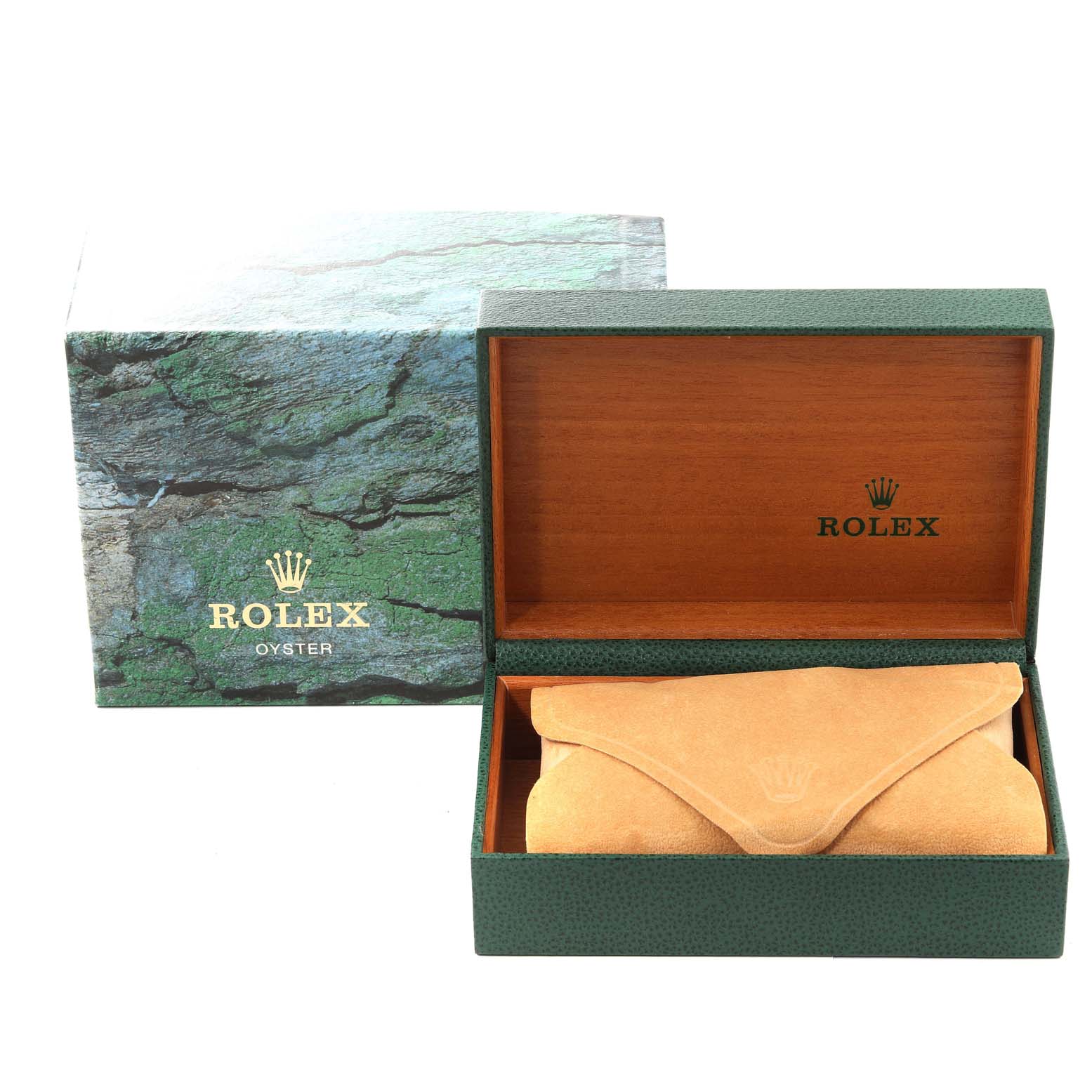 The image shows an open Rolex Date 15200 Men's Stainless Steel Blue Dial 15200 Men's Stainless Steel Blue Dial model watch box, featuring an outer box and a suede pouch, viewed from a front angle.