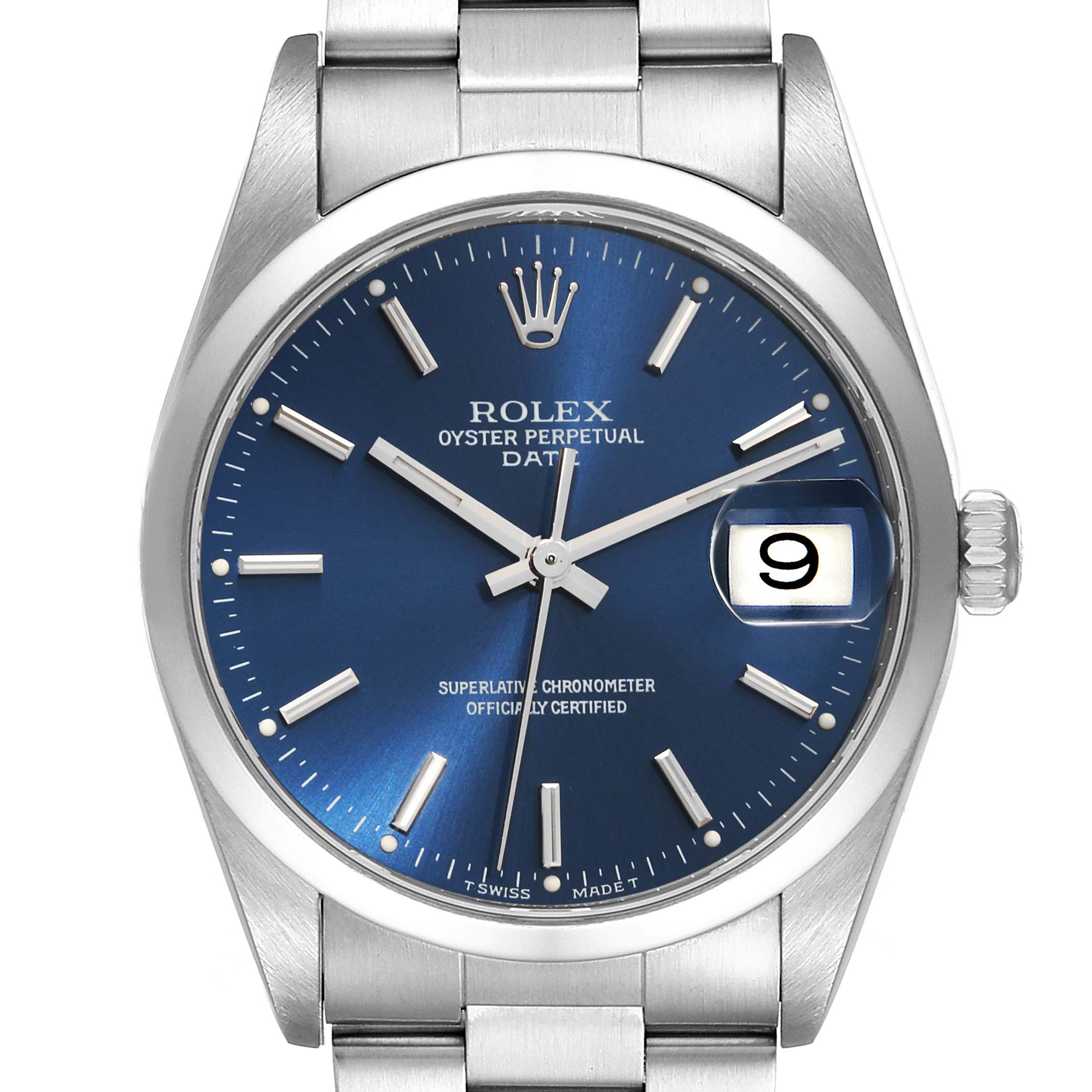 This image shows a frontal view of a Rolex Oyster Perpetual Date watch, highlighting the dial, hands, and date window.