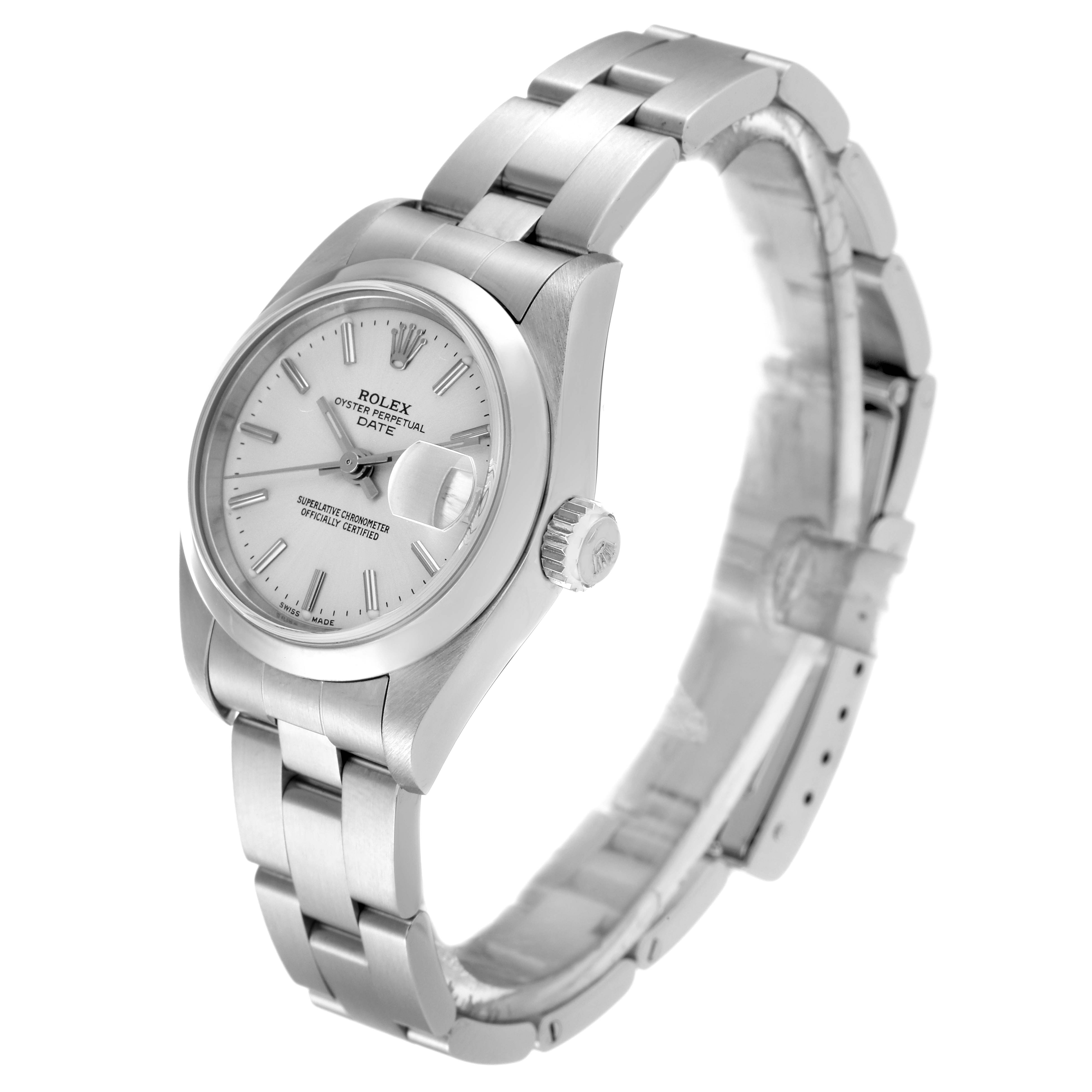 This image shows a three-quarter view of the Rolex Date 79160 Women's Stainless Steel Silver Dial 79160 Women's Stainless Steel Silver Dial model watch, highlighting its face, bracelet, and crown.