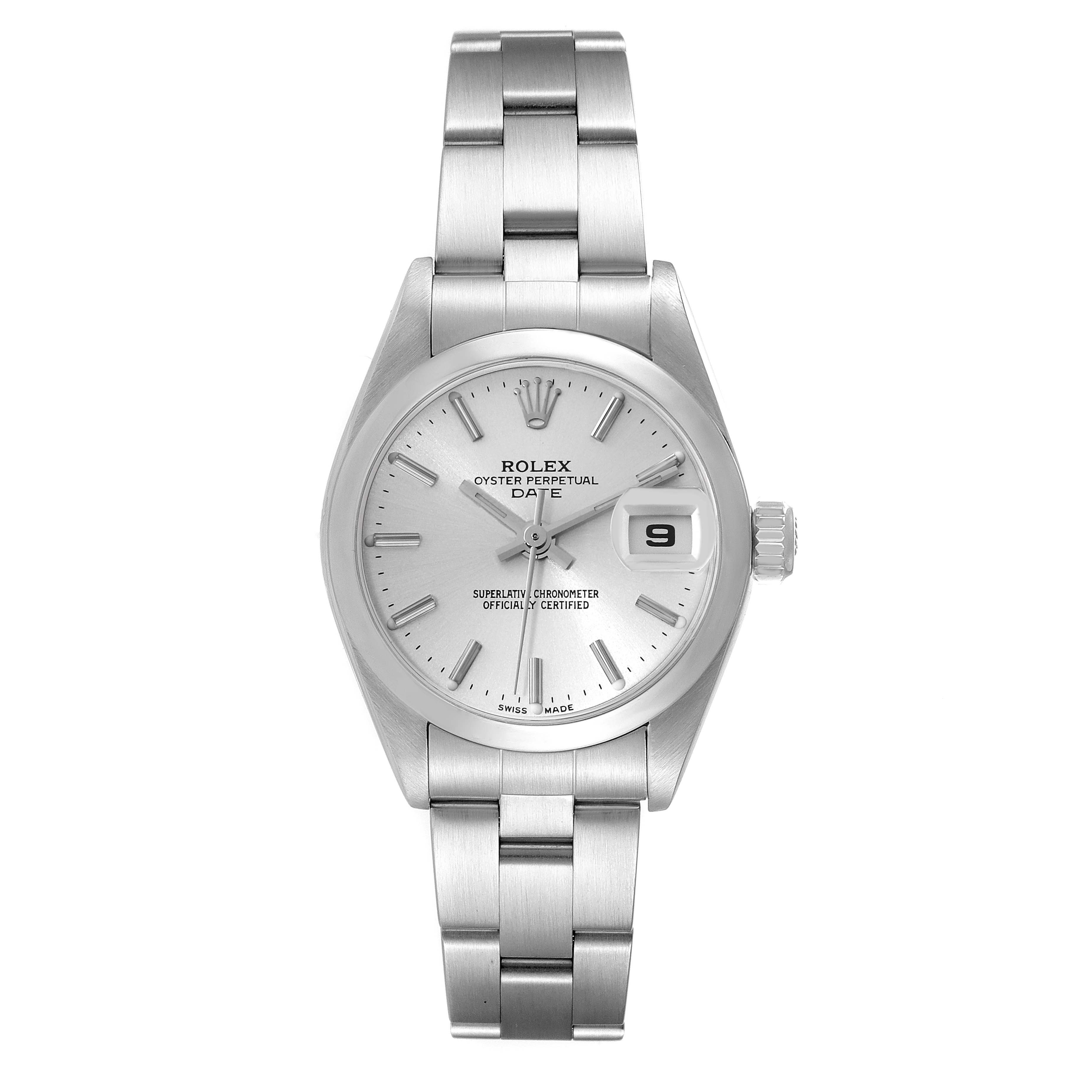 The image shows a front view of a Rolex Oyster Perpetual Date watch, highlighting the face, case, and bracelet.