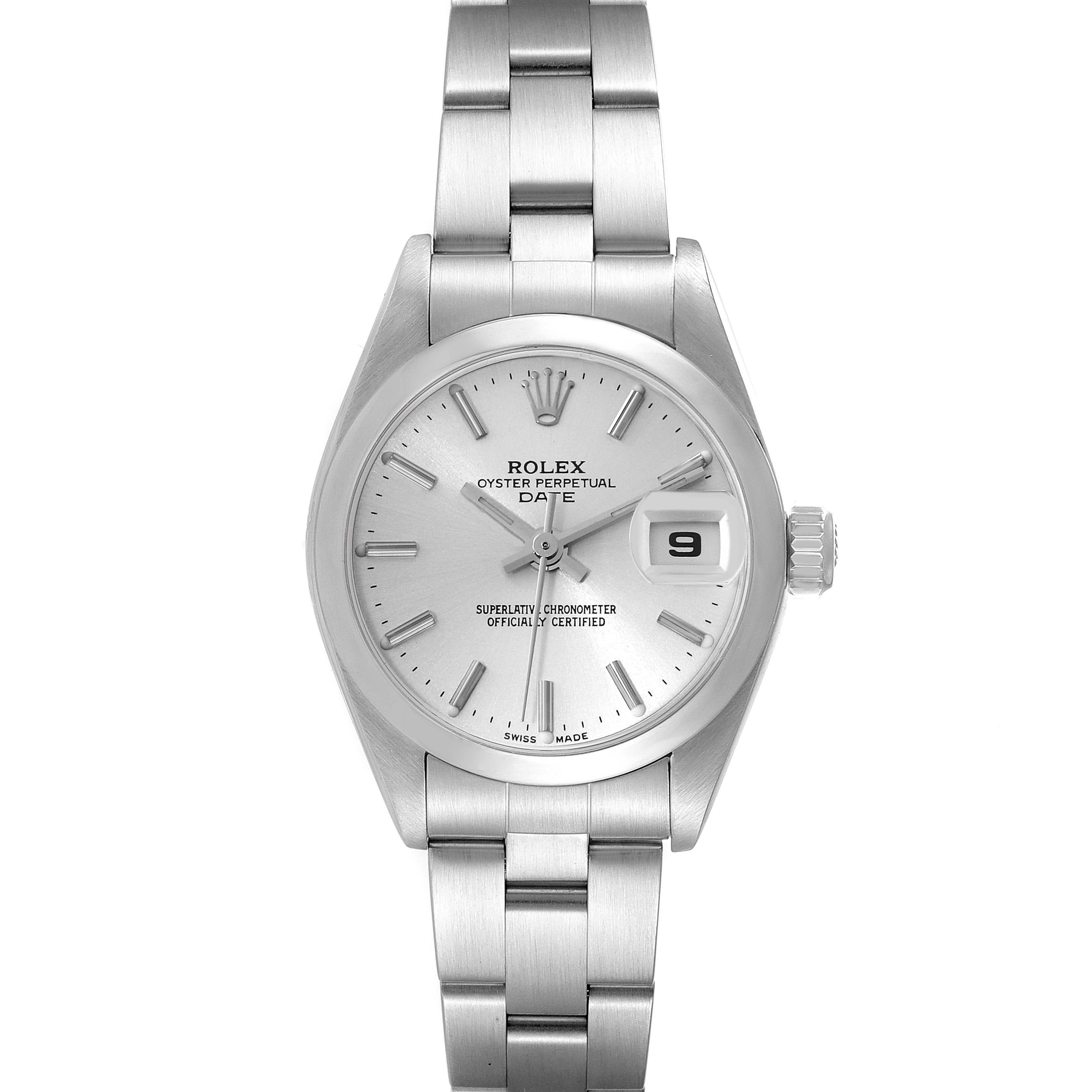 This image shows a front view of a Rolex Oyster Perpetual Date watch, with its dial, case, crown, and bracelet visible.