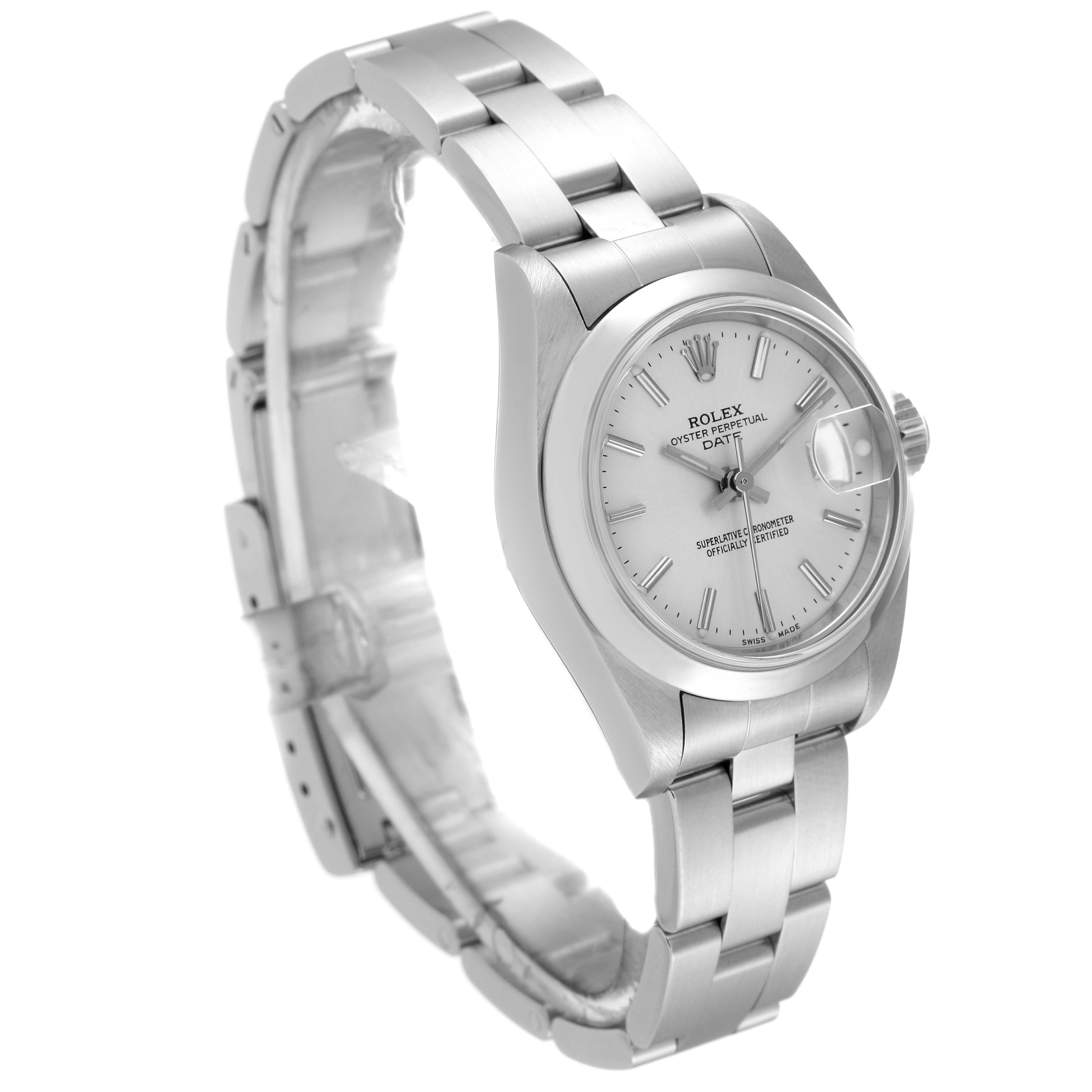 This image shows a Rolex Date 79160 Women's Stainless Steel Silver Dial 79160 Women's Stainless Steel Silver Dial model watch angled slightly to the left, displaying the face, bracelet, and clasp.