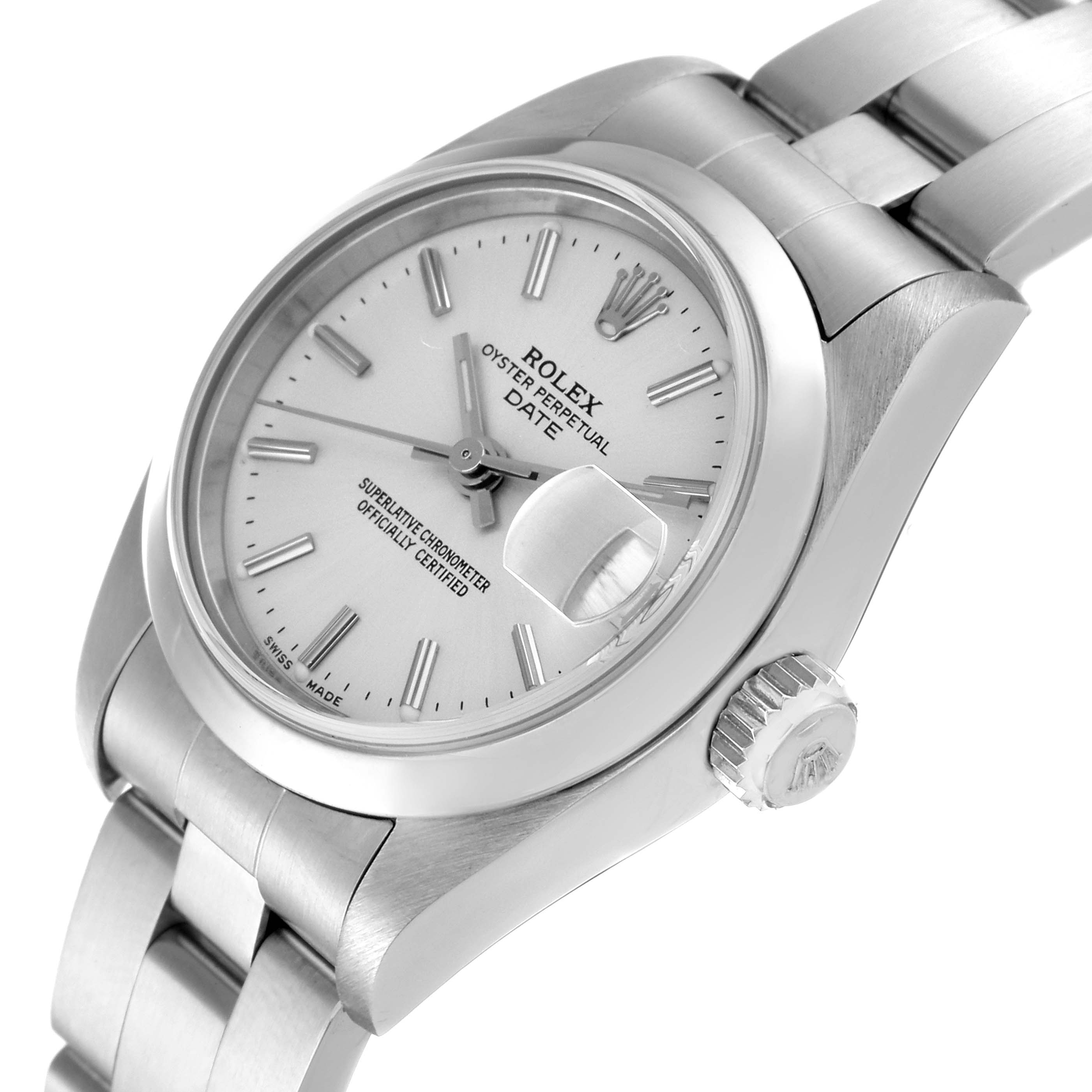 The image shows a close-up angled view of the Rolex Date 79160 Women's Stainless Steel Silver Dial 79160 Women's Stainless Steel Silver Dial model watch, highlighting the face, crown, and bracelet.