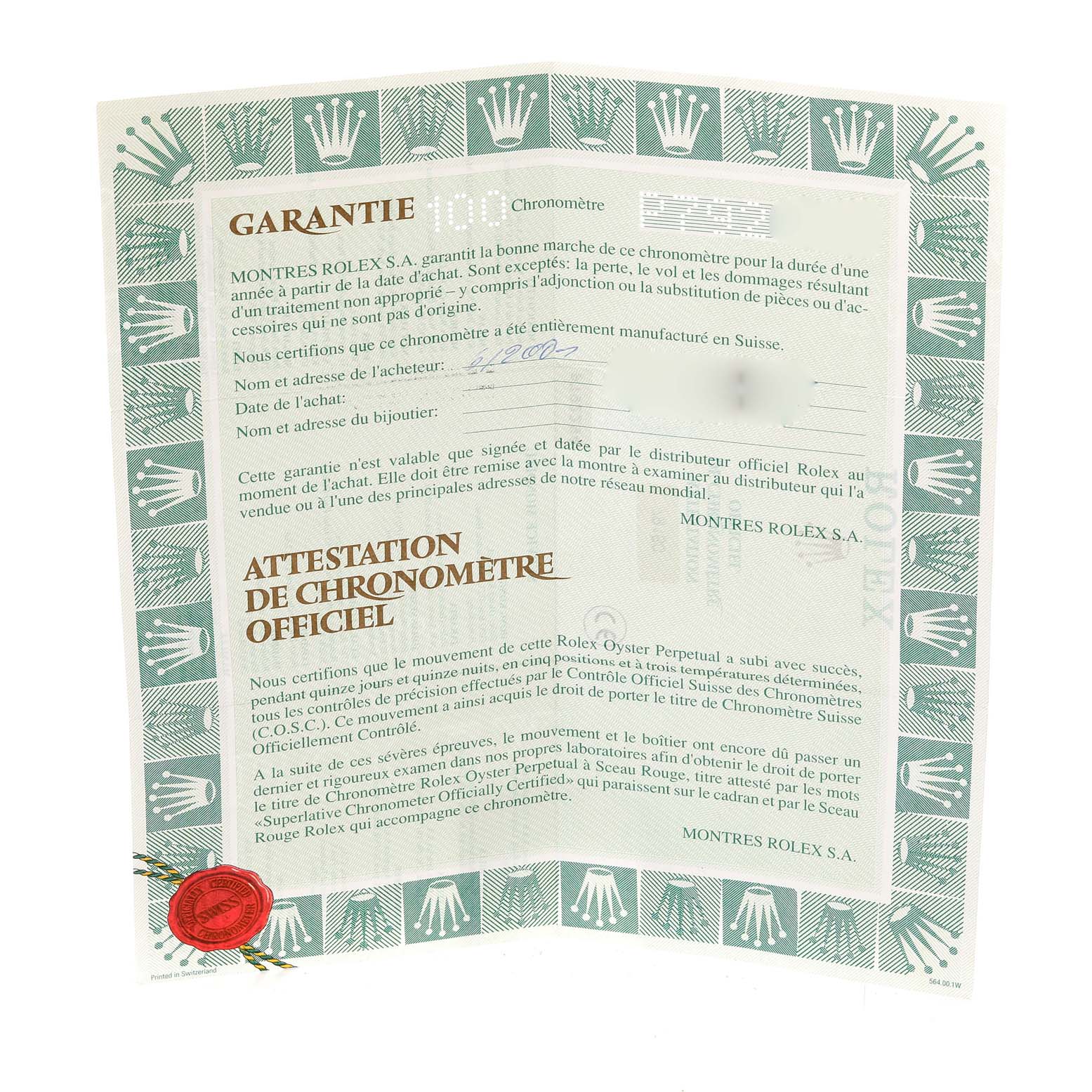 This image shows a warranty certificate and chronometer certification for a Rolex Date 79160 Women's Stainless Steel Silver Dial 79160 Women's Stainless Steel Silver Dial model watch.