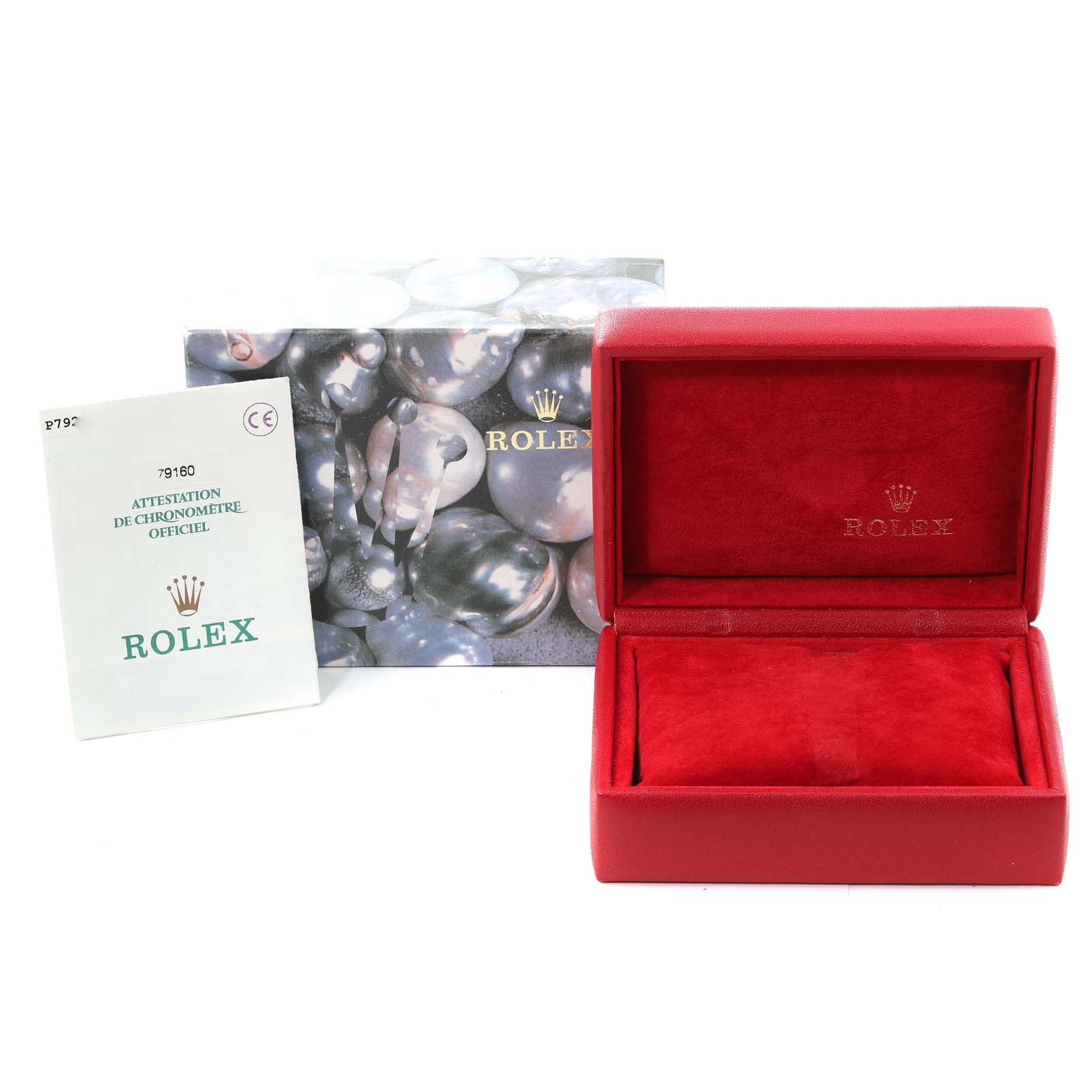 The image shows a Rolex Date 79160 Women's Stainless Steel Silver Dial 79160 Women's Stainless Steel Silver Dial model box with its manual, both viewed from a front angle.